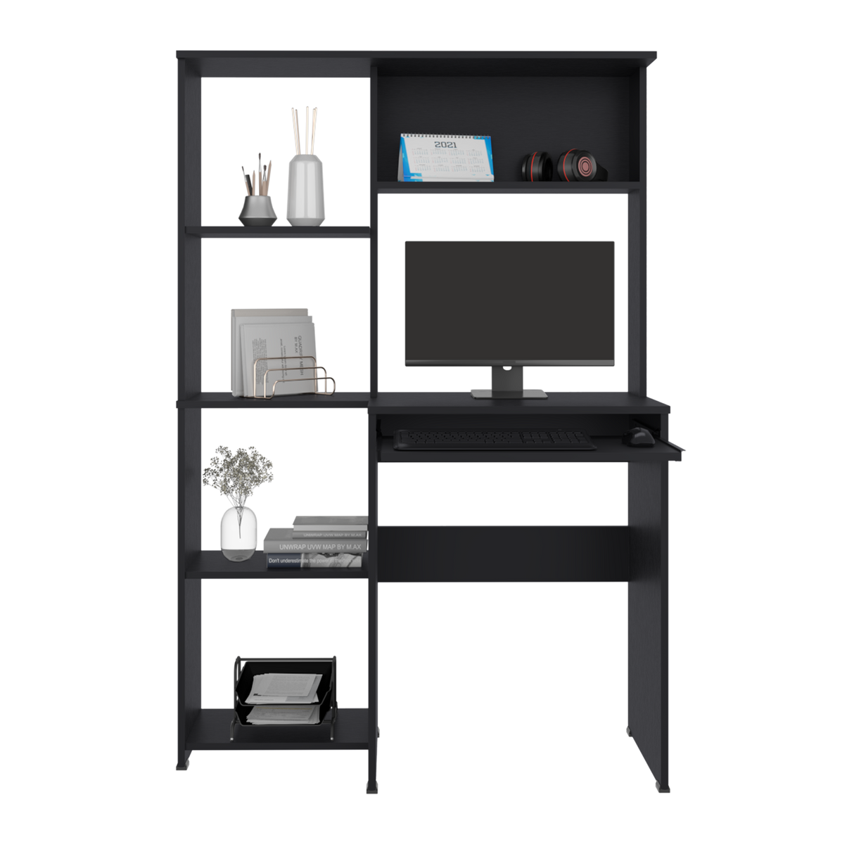 Centro de Computo Alden Eco Wengue 100x150cm con Organizador de Libros y sin Cajones - ESCRITORIOS | Bylmo