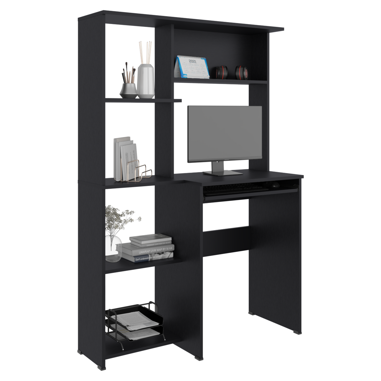 Centro de Computo Alden Eco Wengue 100x150cm con Organizador de Libros y sin Cajones - ESCRITORIOS | Bylmo