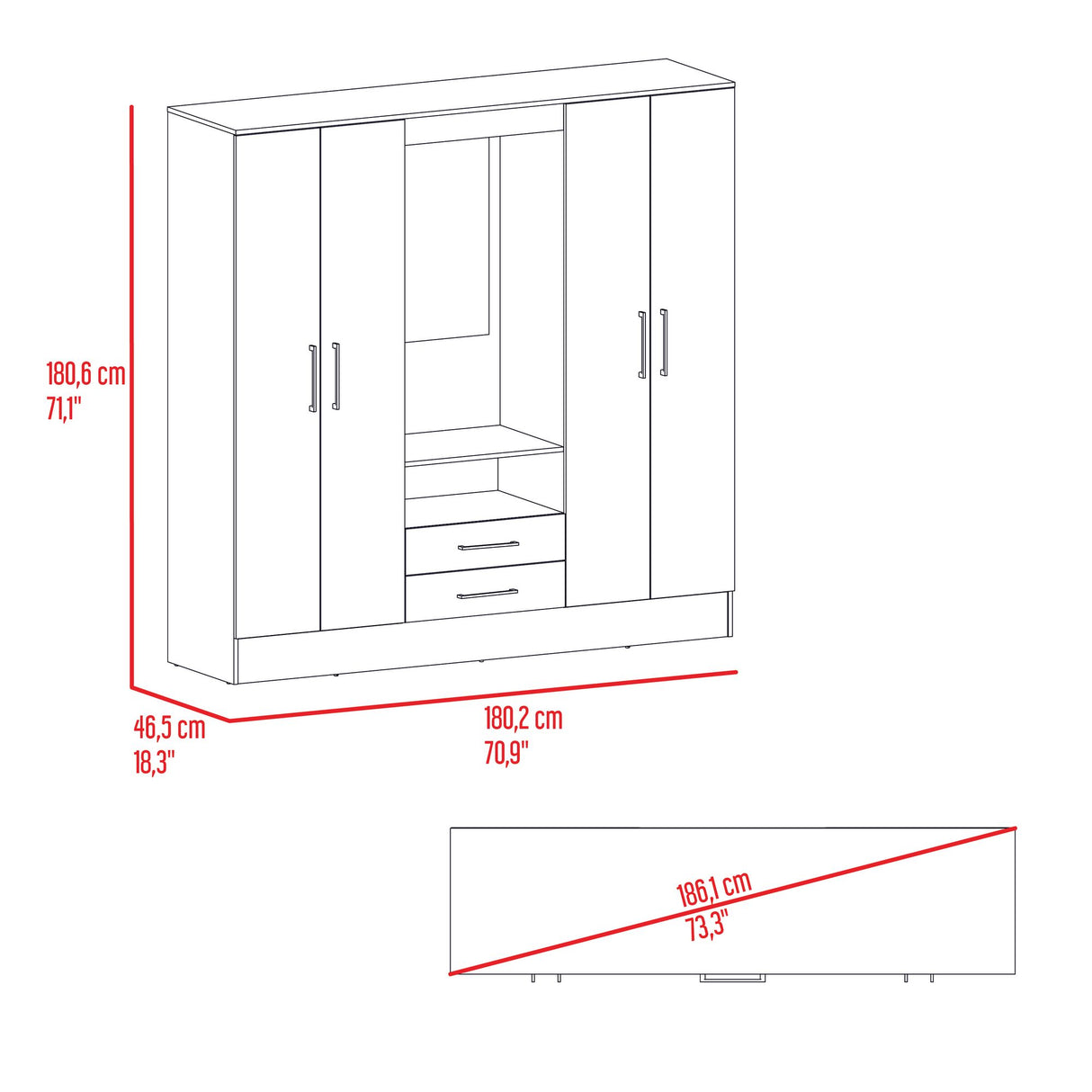 Closet Barmine Fresno Europeo y Wengue 180.2x180.6cm con Dos Cajones con Cuatro Puertas y con Espejo - CLOSETS | Bylmo