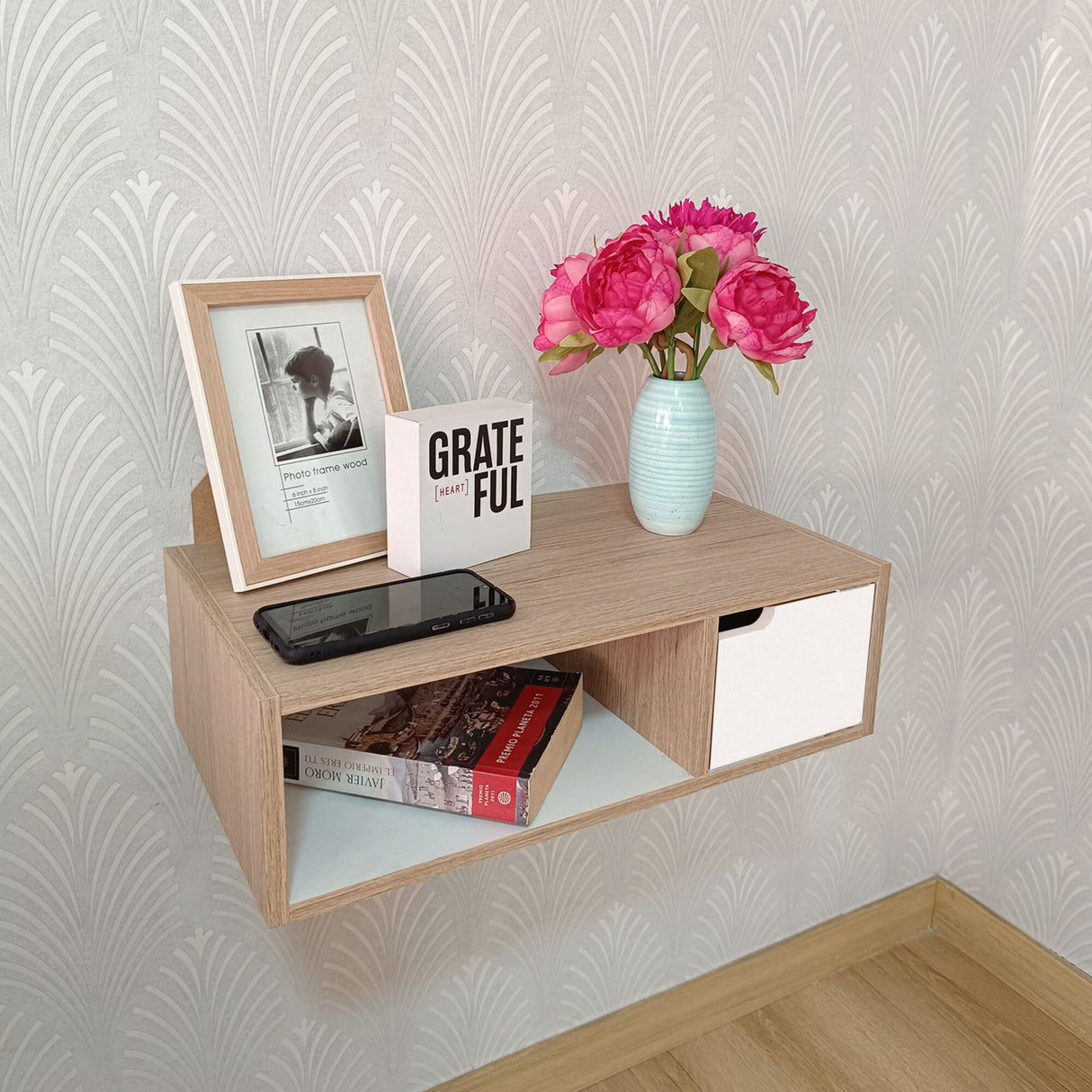 Repisa Trento Madera Natural y Blanco 50x15cm Rectangular con Un Cajón - REPISAS | Bylmo