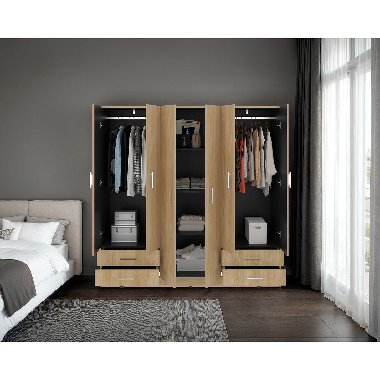 Closet Petunia Fresno y Wengue 180x180cm con Cuatro Cajones y Seis Puertas - CLOSETS | Bylmo