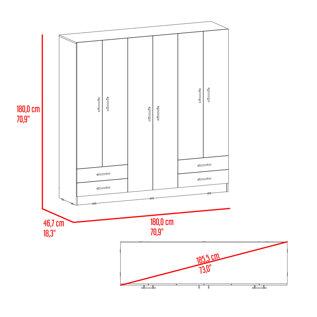 Closet Petunia Fresno y Wengue 180x180cm con Cuatro Cajones y Seis Puertas - CLOSETS | Bylmo