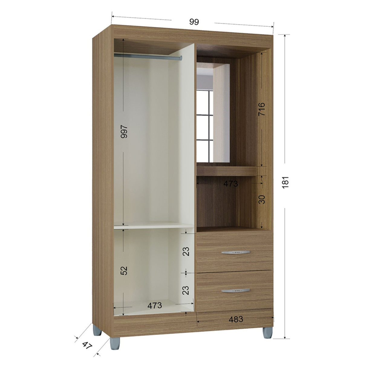 Closet Cordoba Castaño 99x181cm con Dos Cajones con Dos Puertas y con Espejo - CLOSETS | Bylmo