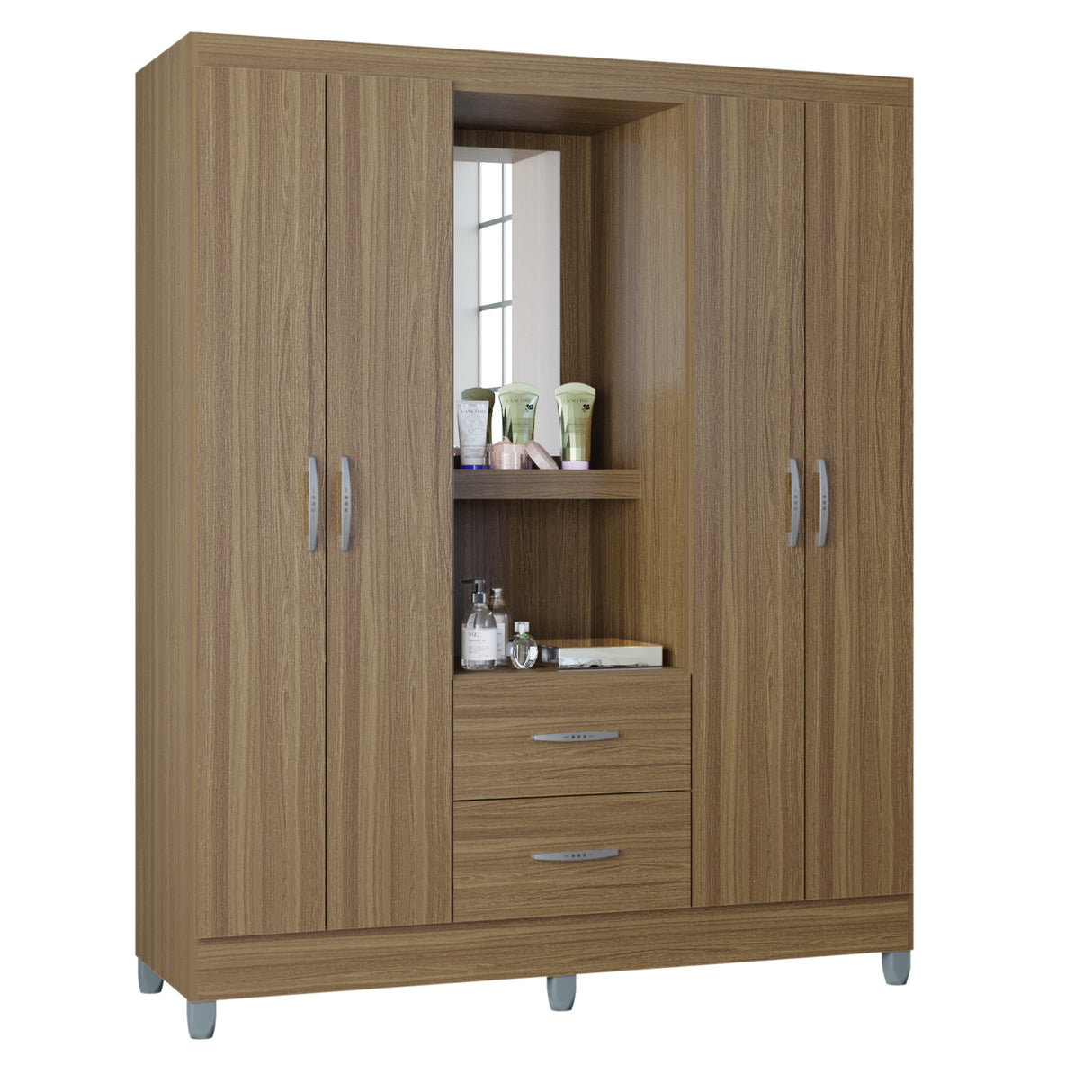 Closet Cordoba Castaño 148x181cm con Dos Cajones con Cuatro Puertas y con Espejo - CLOSETS | Bylmo