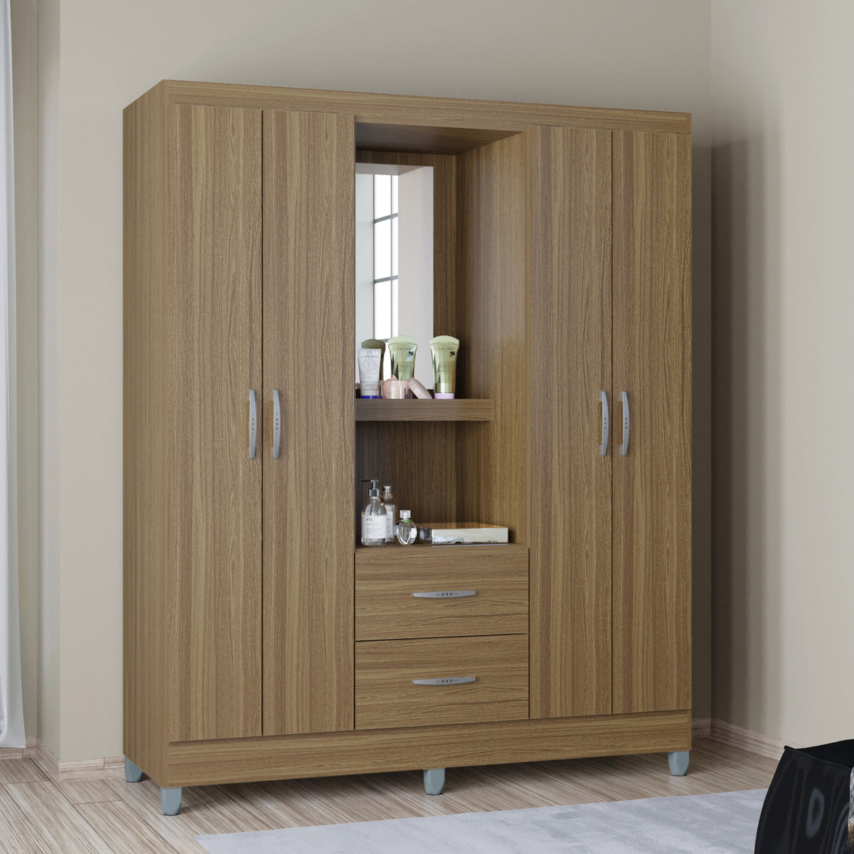 Closet Cordoba Castaño 148x181cm con Dos Cajones con Cuatro Puertas y con Espejo - CLOSETS | Bylmo