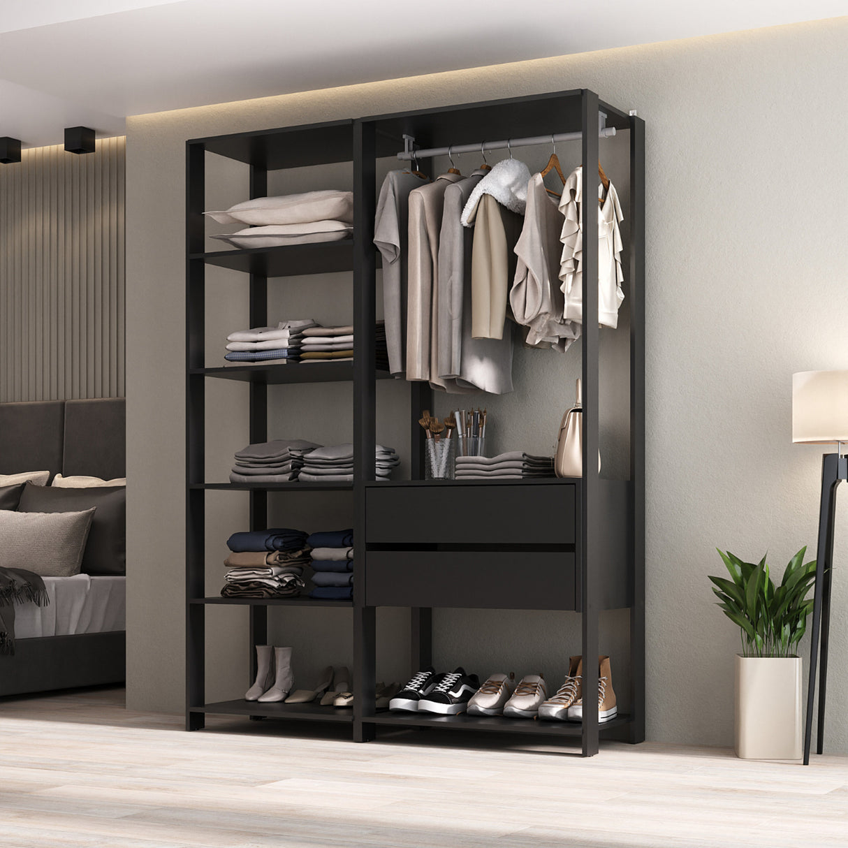 Closet Abierto Negro 136x183cm con Dos Cajones - CLOSETS | Bylmo