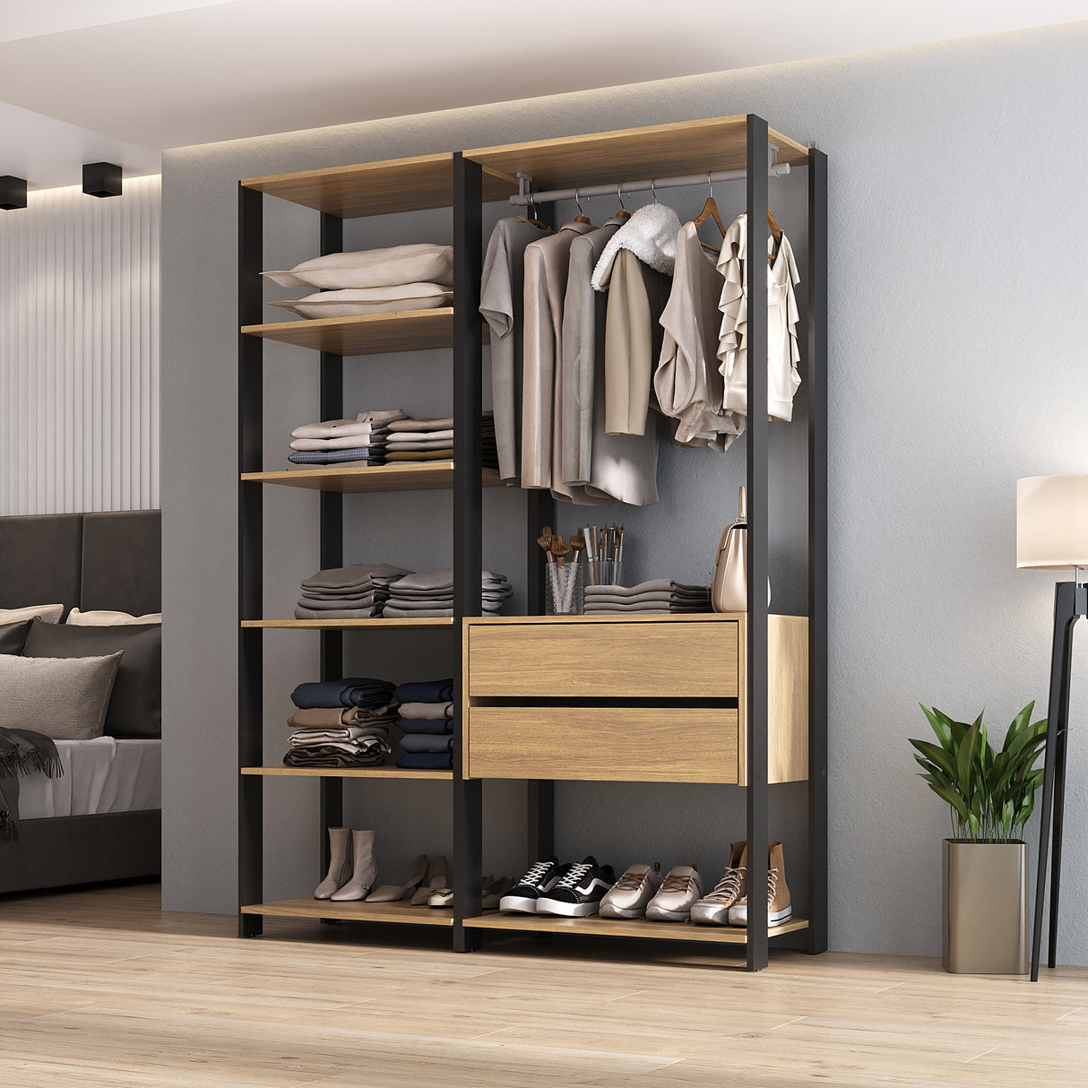 Closet Abierto Castaño 136x183cm con Dos Cajones - CLOSETS | Bylmo