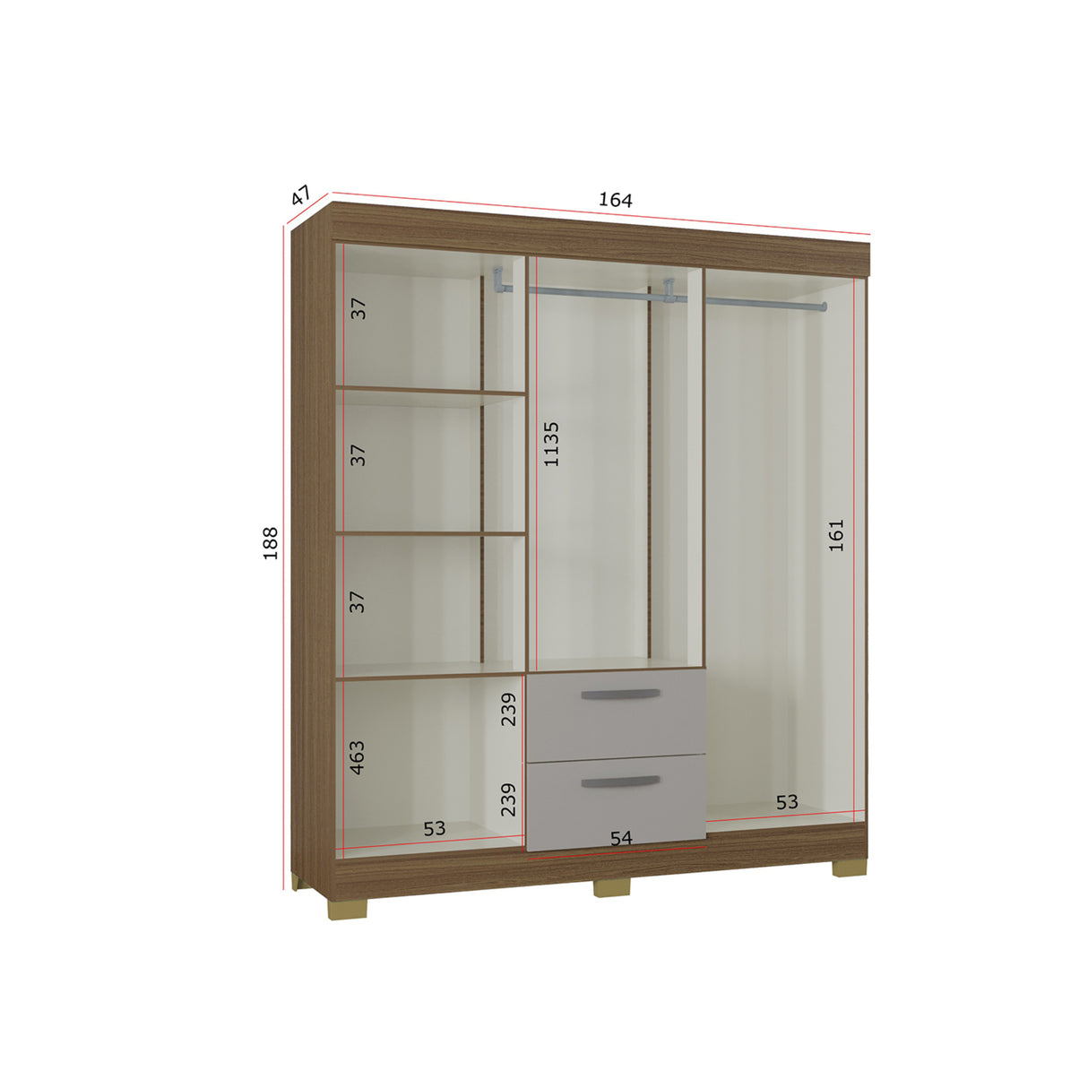 Closet Toquio Castaño 164x188cm con Dos Cajones y con Seis Puertas - CLOSETS | Bylmo
