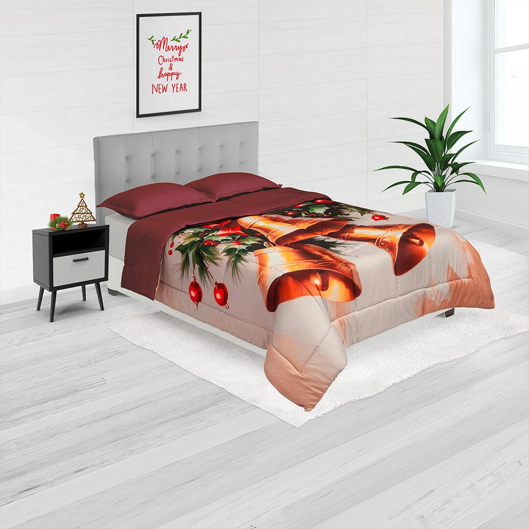 Cubrelecho Navideño Vinotinto 140x190cm Doble Faz Acolchado para cama Doble 140 X 190 Cm de Campanas - TENDIDOS Y CUBRELECHOS | Bylmo
