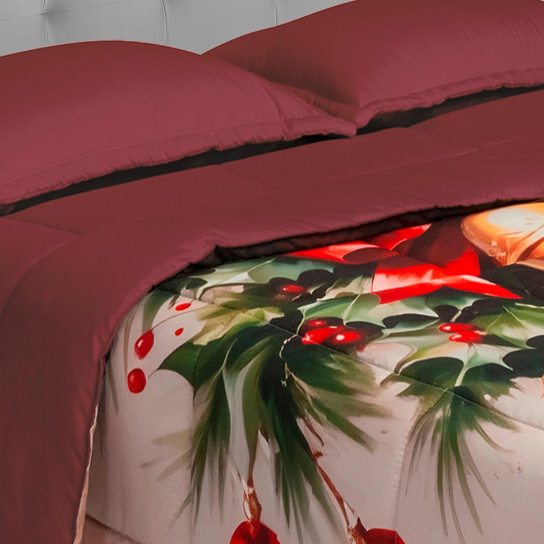 Cubrelecho Navideño Vinotinto 140x190cm Doble Faz Acolchado para cama Doble 140 X 190 Cm de Campanas - TENDIDOS Y CUBRELECHOS | Bylmo
