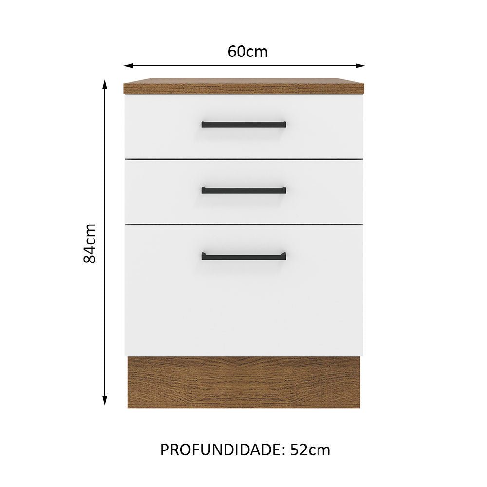 Mueble Inferior de Cocina Agata Marron y Blanco 60x84cm con Tres Cajones con Mesón de Madera y sin Estufa - MUEBLES INFERIORES DE COCINA | Bylmo