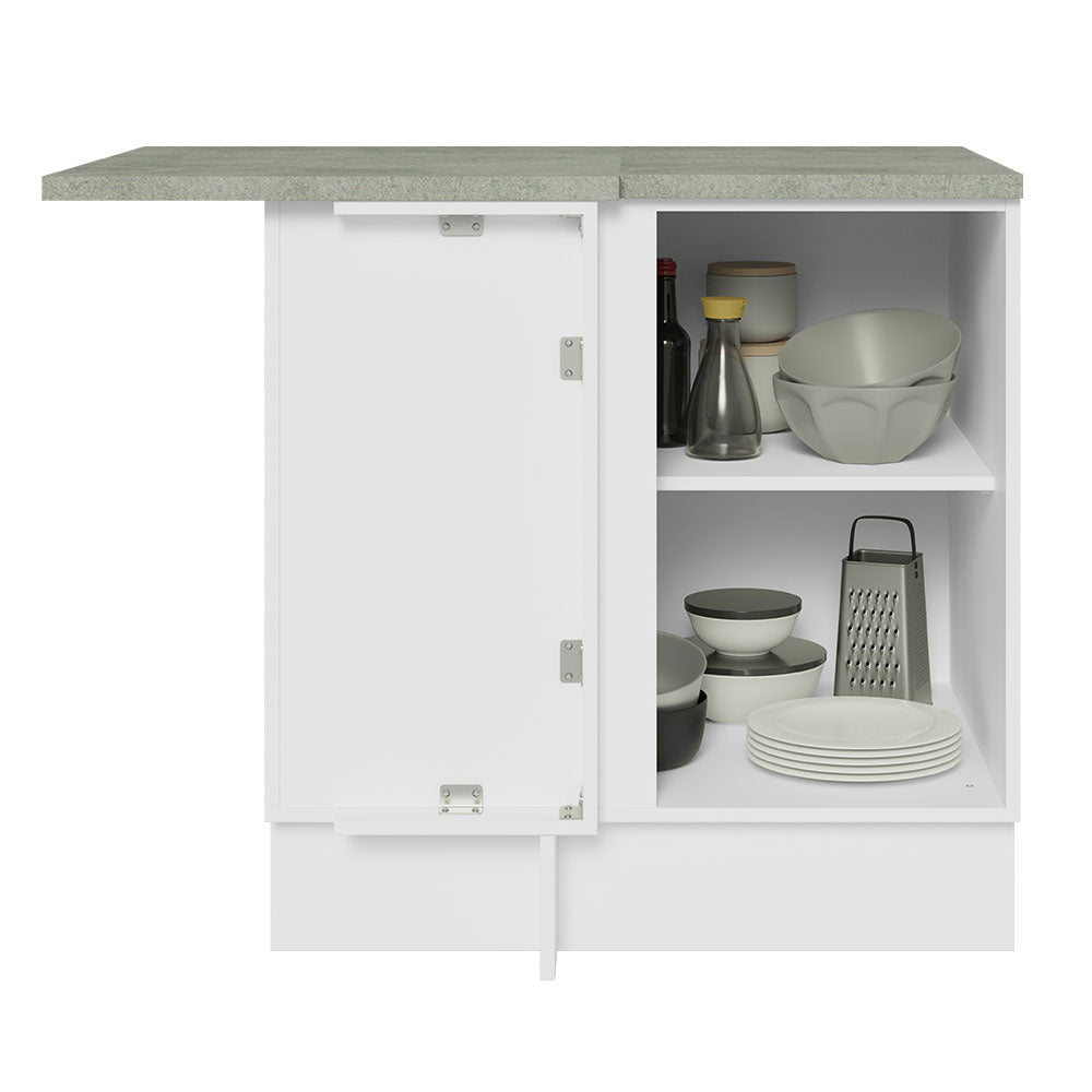 Mueble Inferior de Cocina Esquinero Glamy Blanco y Marron 94x84cm Sin Cajones con Mesón de Madera y sin Estufa - MUEBLES INFERIORES DE COCINA | Bylmo