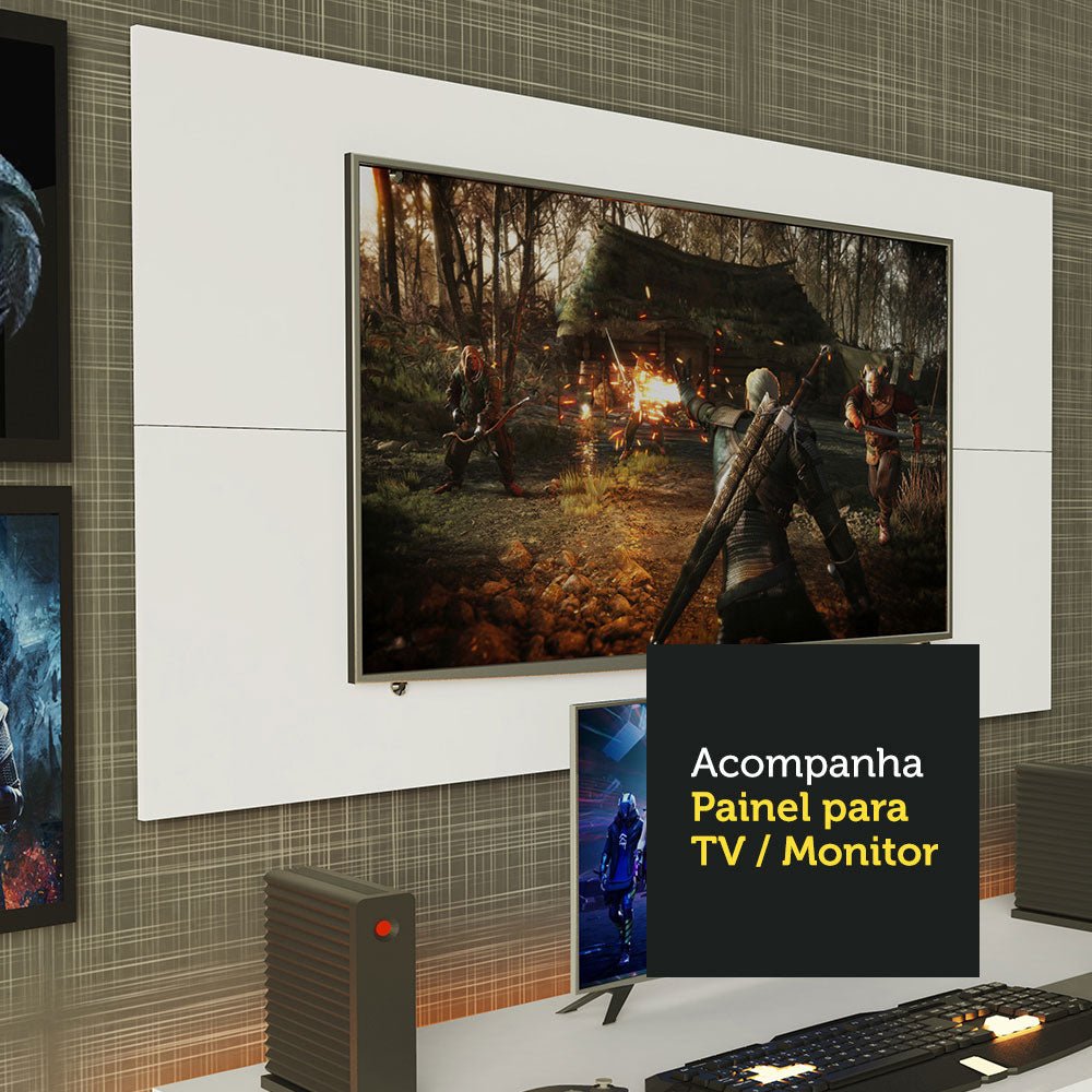 Combo Escritorio Gamer y Panel de TV Blanco 136x75cm para TV hasta 50 Pulgadas Sin Cajones y con Organizador de Libros y Consolas - ESCRITORIOS | Bylmo