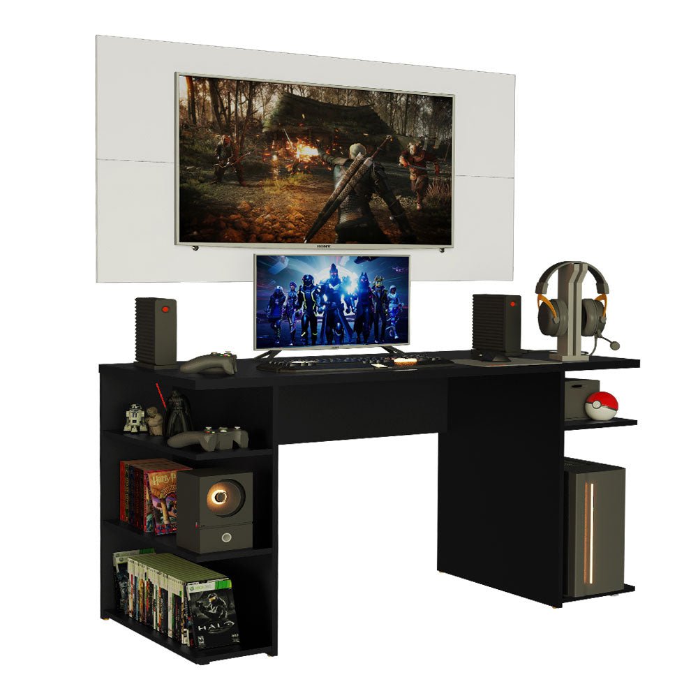 Combo Escritorio Gamer y Panel de TV Negro y Blanco 136x75cm para TV hasta 50 Pulgadas Sin Cajones y con Organizador de Libros y Consolas - ESCRITORIOS | Bylmo