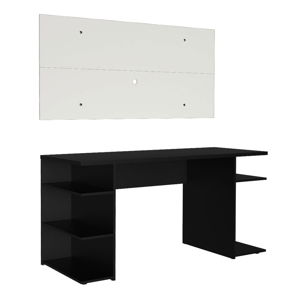 Combo Escritorio Gamer y Panel de TV Negro y Blanco 136x75cm para TV hasta 50 Pulgadas Sin Cajones y con Organizador de Libros y Consolas - ESCRITORIOS | Bylmo