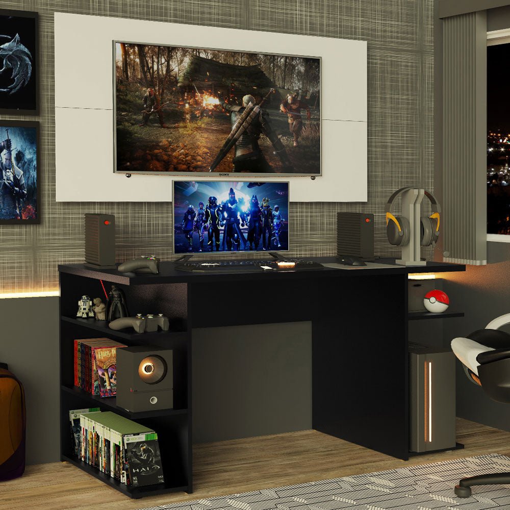 Combo Escritorio Gamer y Panel de TV Negro y Blanco 136x75cm para TV hasta 50 Pulgadas Sin Cajones y con Organizador de Libros y Consolas - ESCRITORIOS | Bylmo