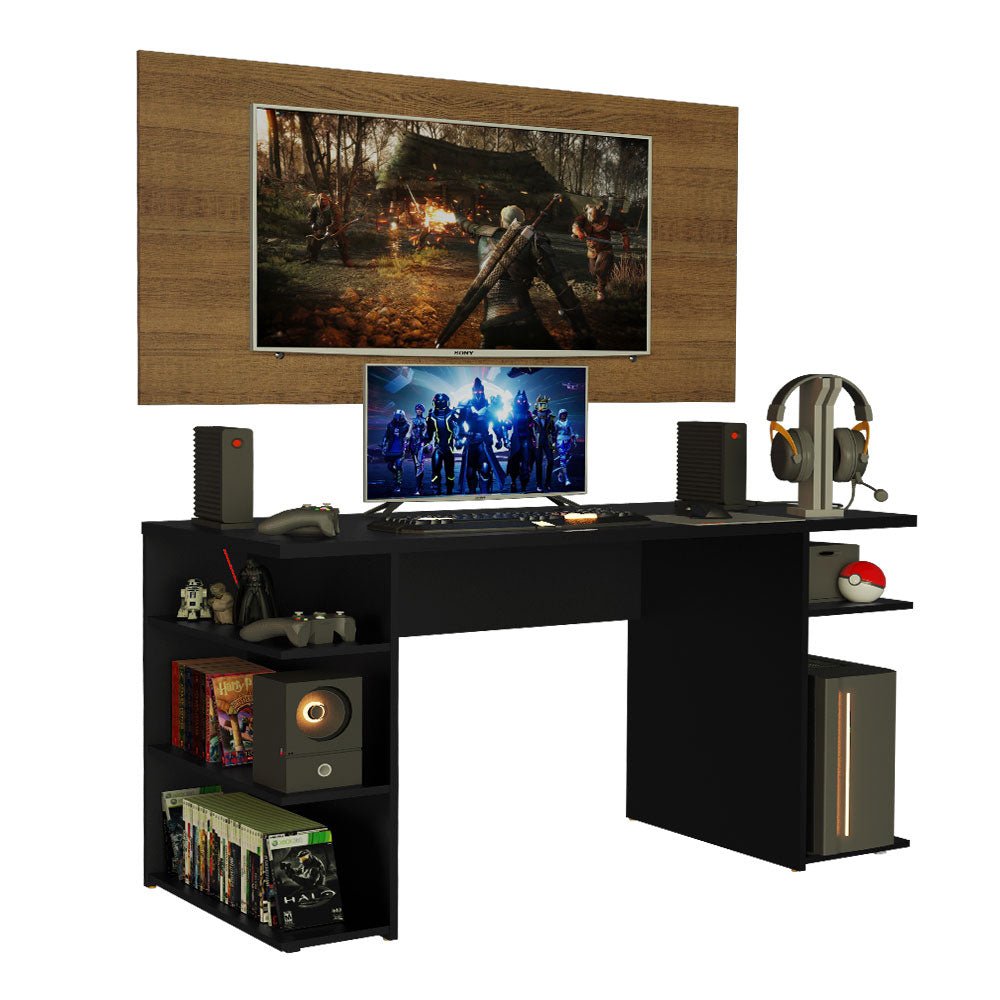 Combo Escritorio Gamer y Panel de TV Negro y Marron 136x75cm para TV hasta 50 Pulgadas Sin Cajones y con Organizador de Libros y Consolas - ESCRITORIOS | Bylmo