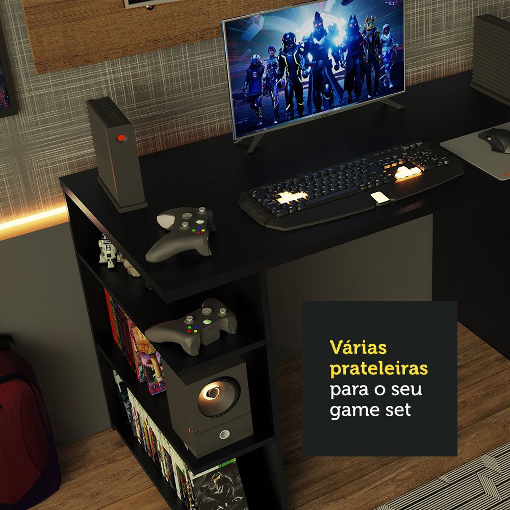 Combo Escritorio Gamer y Panel de TV Negro y Marron 136x75cm para TV hasta 50 Pulgadas Sin Cajones y con Organizador de Libros y Consolas - ESCRITORIOS | Bylmo