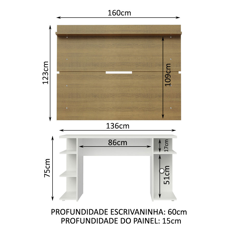 Combo Escritorio Gamer y Panel de TV Blanco y Marron 136x75cm para TV hasta 65 Pulgadas Sin Cajones y con Organizador de Libros y Consolas - ESCRITORIOS | Bylmo