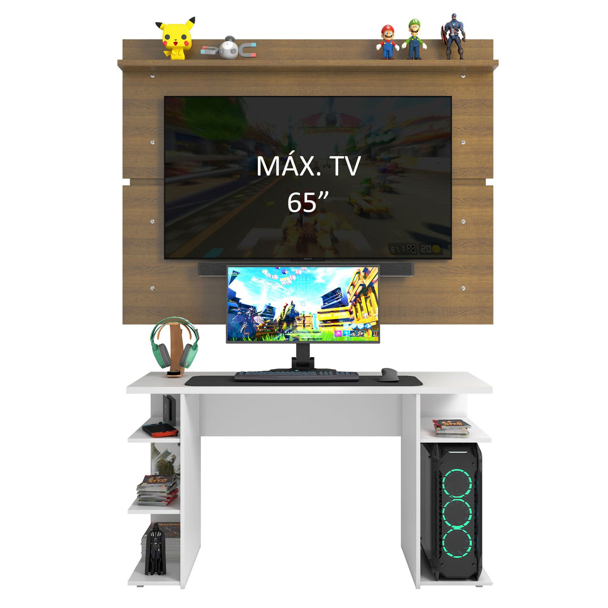Combo Escritorio Gamer y Panel de TV Blanco y Marron 136x75cm para TV hasta 65 Pulgadas Sin Cajones y con Organizador de Libros y Consolas - ESCRITORIOS | Bylmo