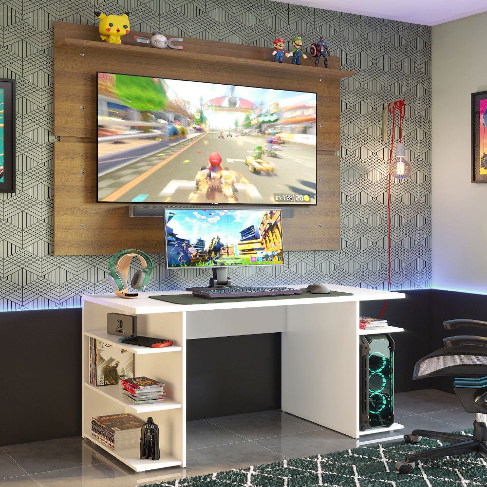 Combo Escritorio Gamer y Panel de TV Blanco y Marron 136x75cm para TV hasta 65 Pulgadas Sin Cajones y con Organizador de Libros y Consolas - ESCRITORIOS | Bylmo