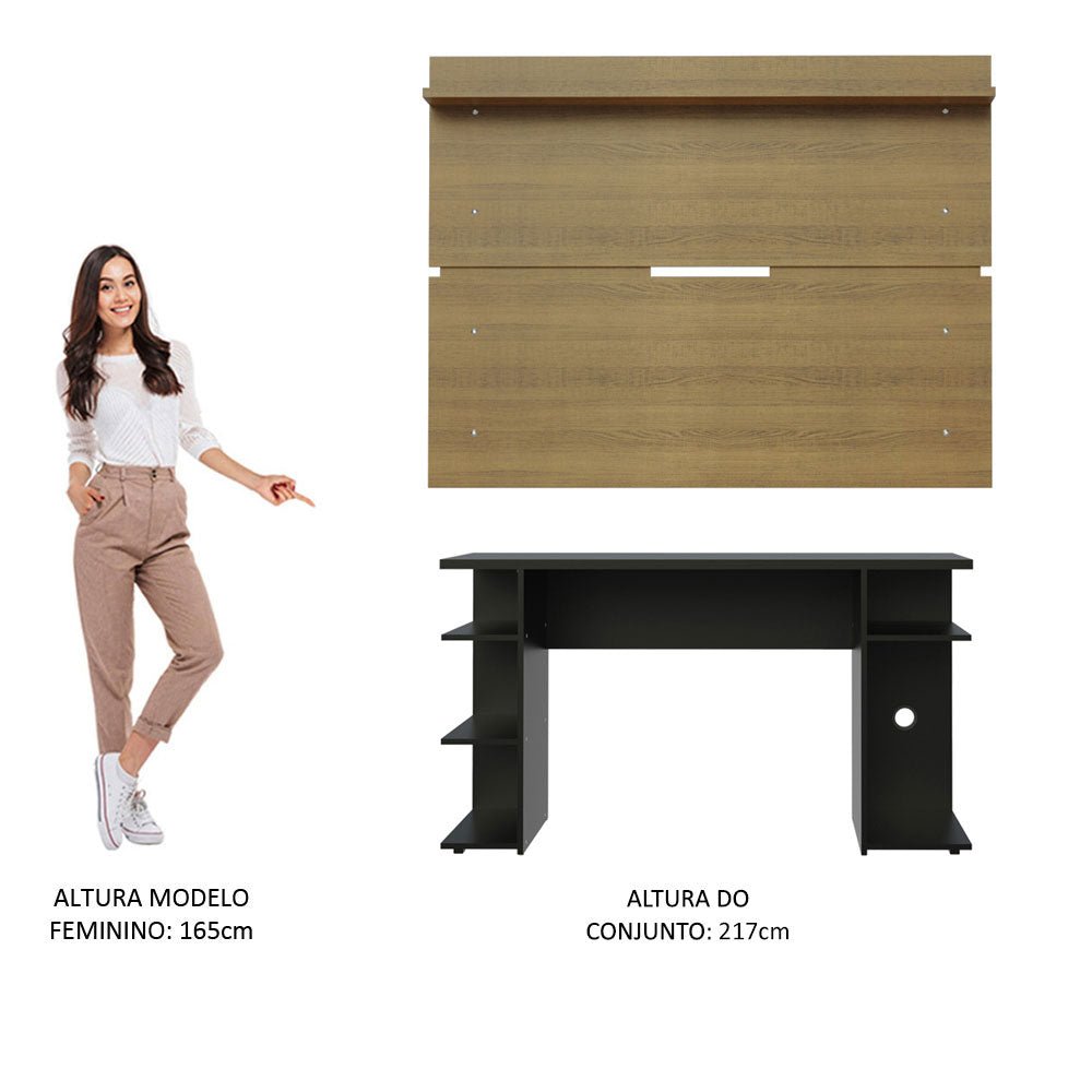 Combo Escritorio Gamer y Panel de TV Negro y Marron 136x75cm para TV hasta 65 Pulgadas Sin Cajones y con Organizador de Libros y Consolas - ESCRITORIOS | Bylmo