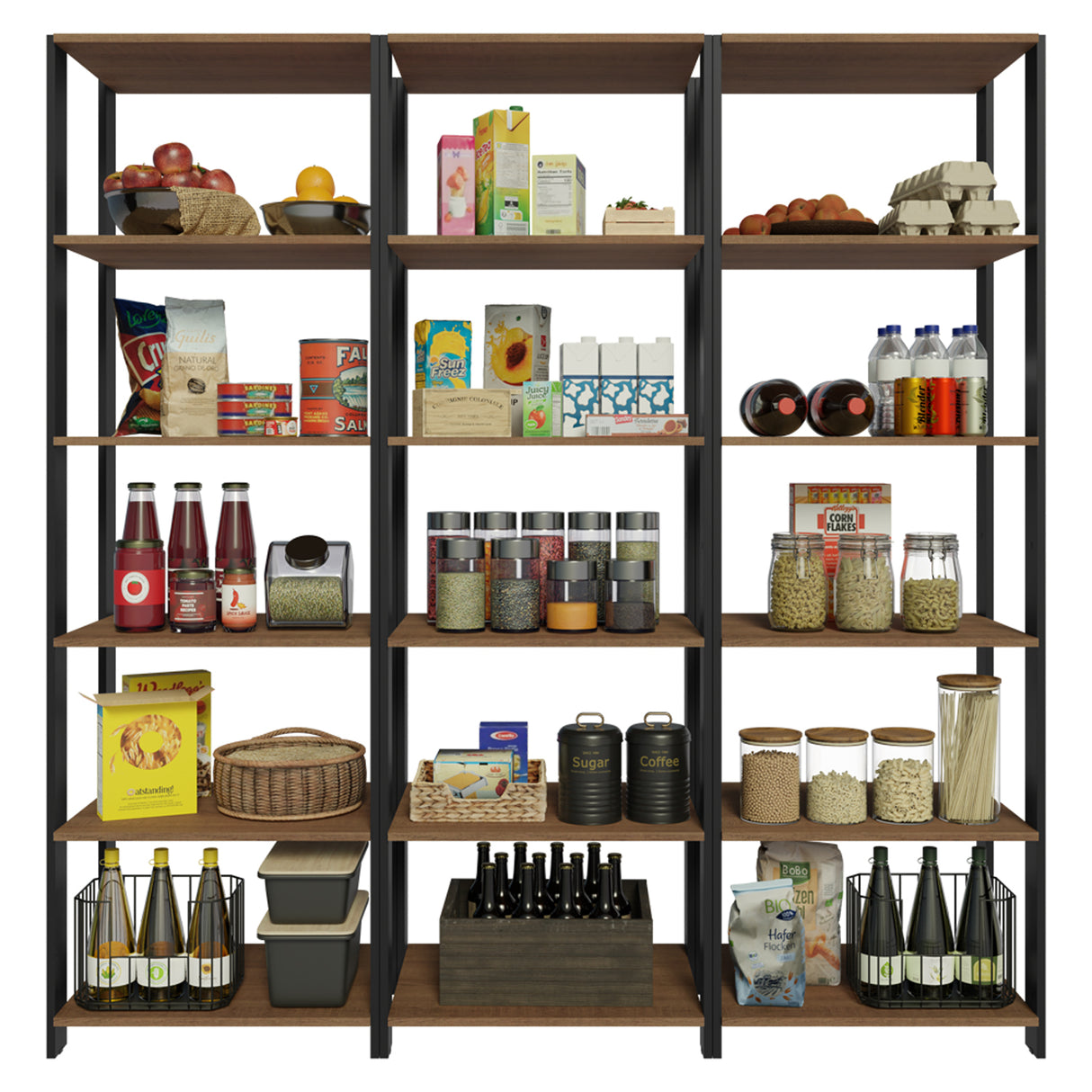Set X 3 Muebles Organizadores de Despensa Marron y Negro 177x180cm con Patas y con Quince Repisas - ALACENAS Y MUEBLES MICROONDAS | Bylmo
