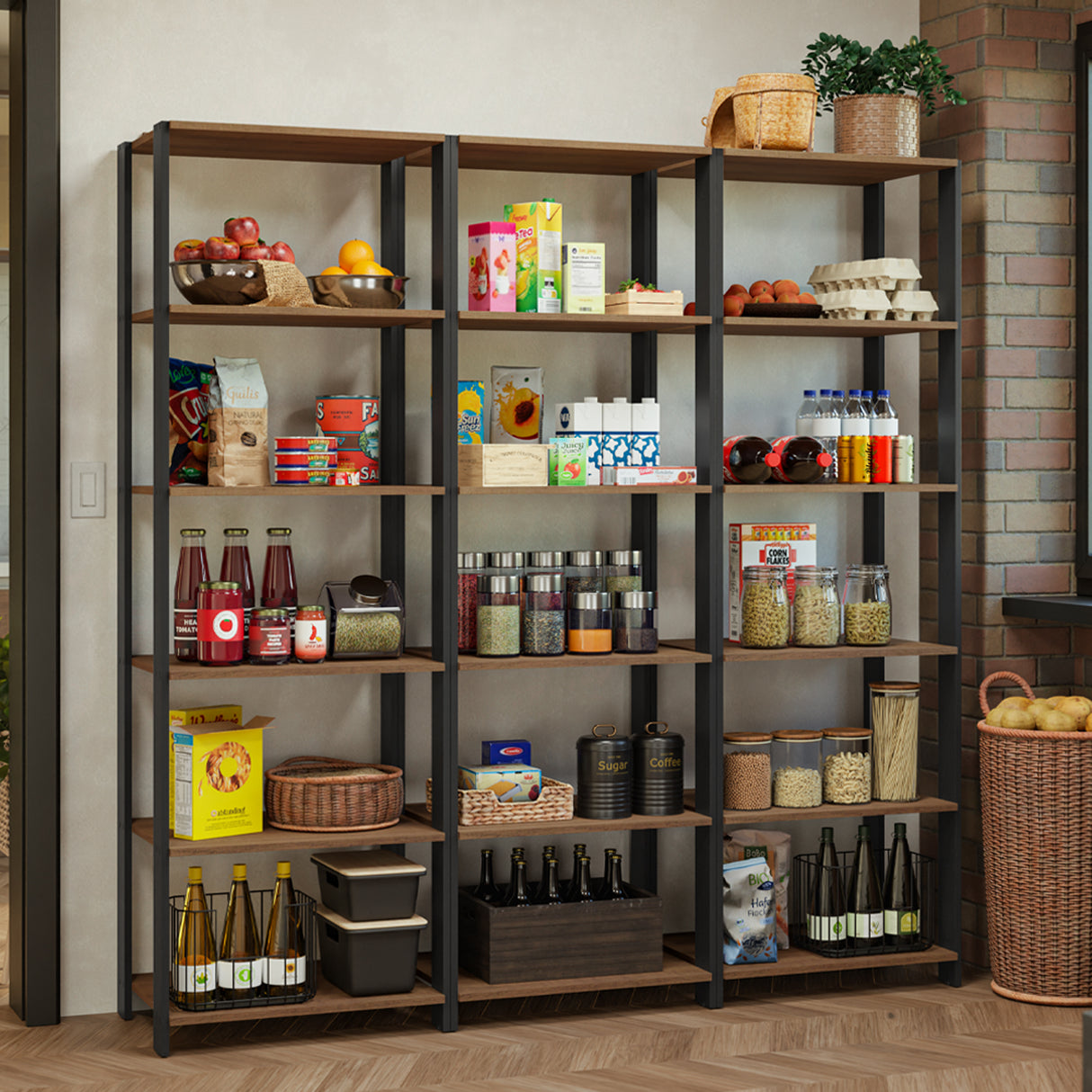 Set X 3 Muebles Organizadores de Despensa Marron y Negro 177x180cm con Patas y con Quince Repisas - ALACENAS Y MUEBLES MICROONDAS | Bylmo
