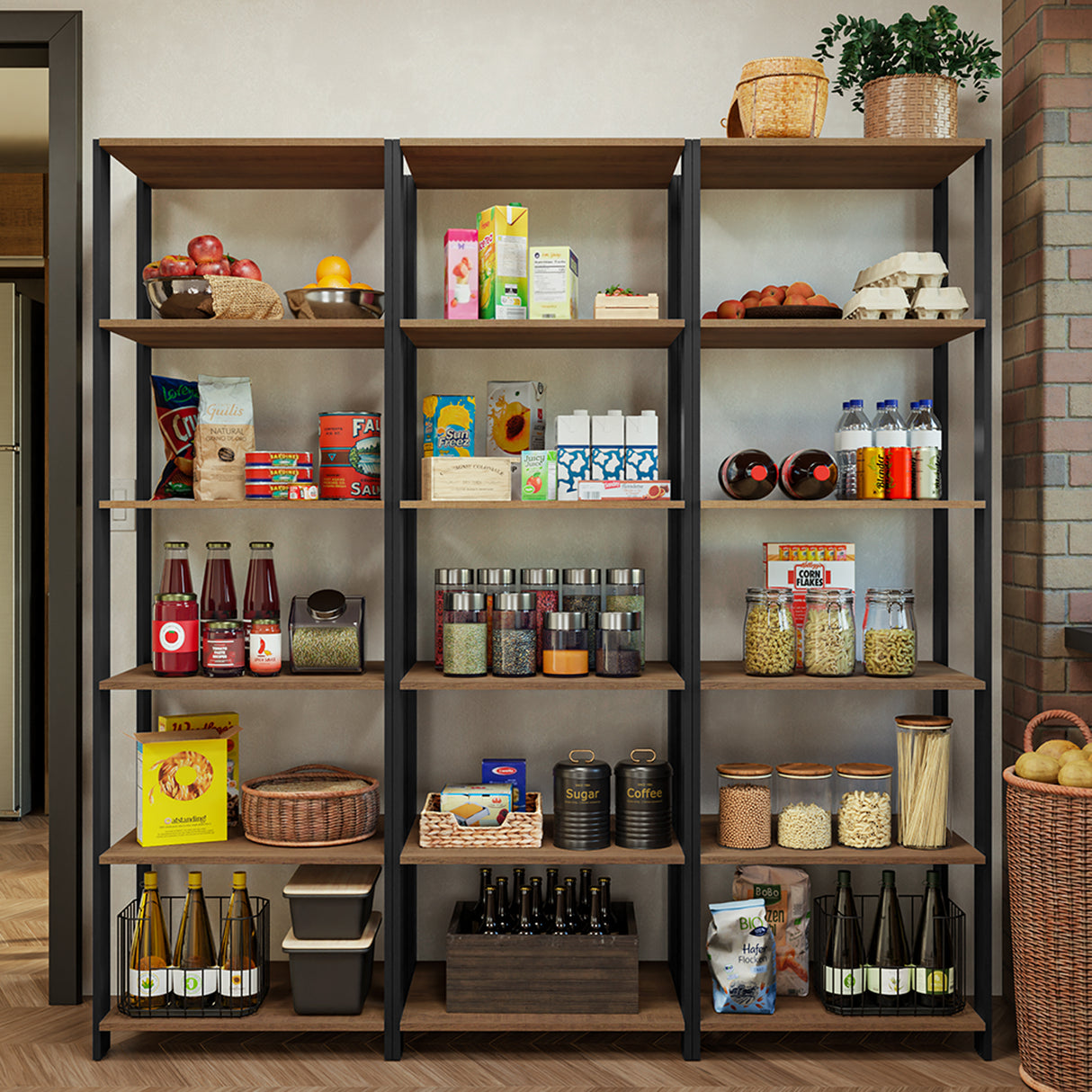 Set X 3 Muebles Organizadores de Despensa Marron y Negro 177x180cm con Patas y con Quince Repisas - ALACENAS Y MUEBLES MICROONDAS | Bylmo