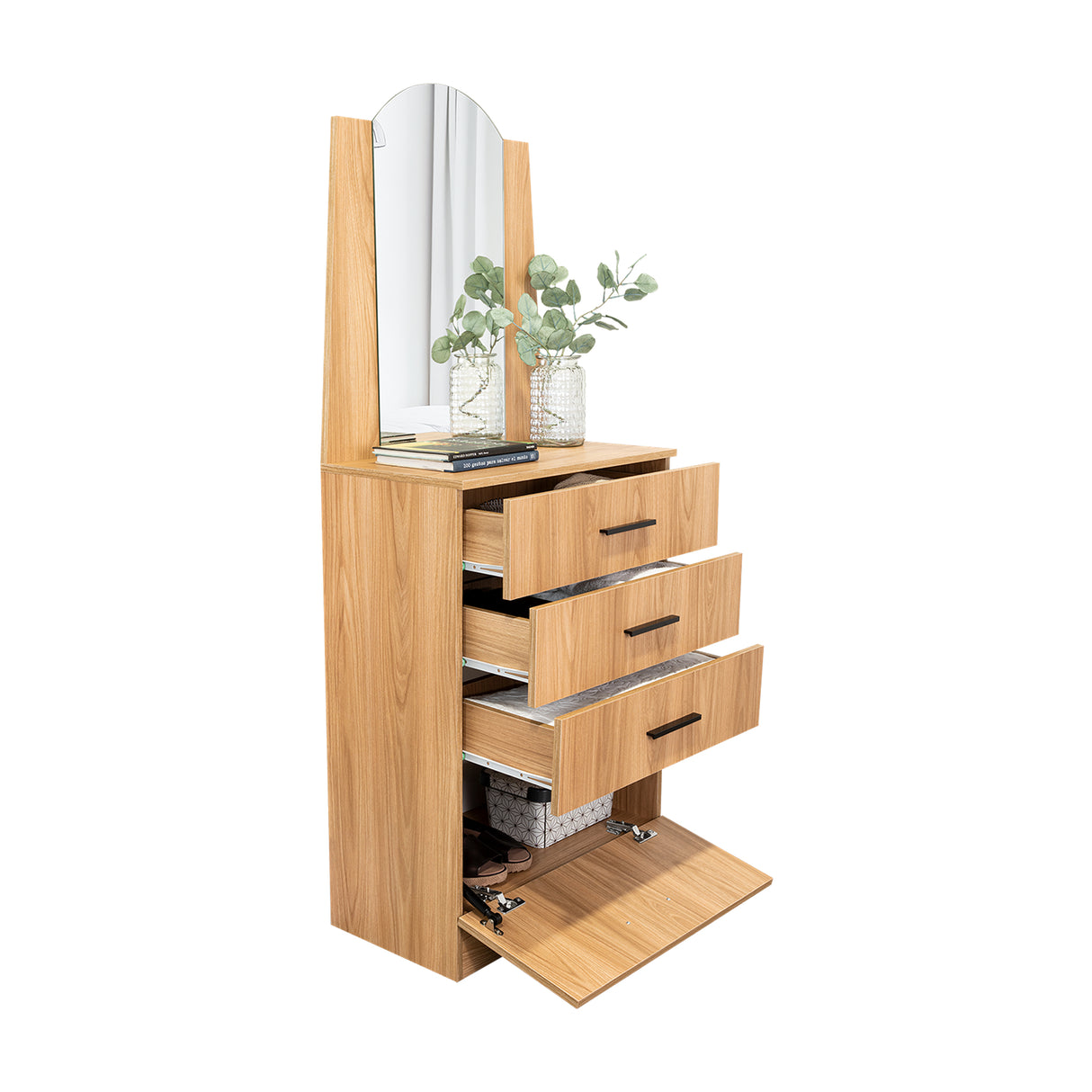 Cómoda Praga Fresno 63x151cm de Cuatro Hileras con Tres Cajones con Espacio para Tv y con Espejo - CAJONERAS Y COMODAS | Bylmo