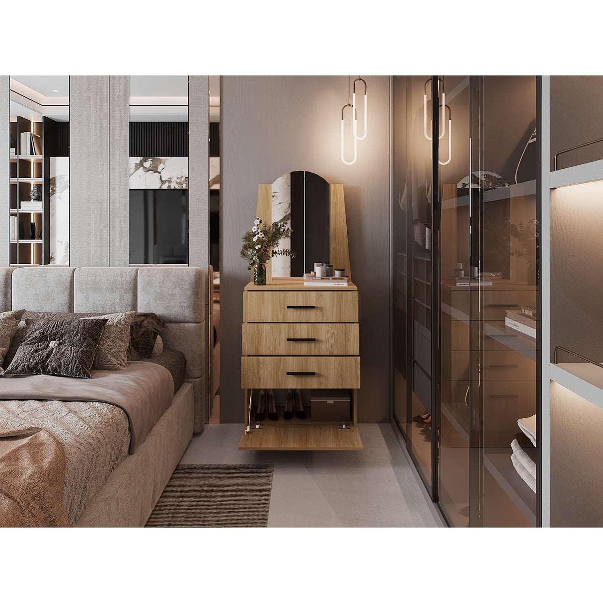 Cómoda Praga Fresno 63x151cm de Cuatro Hileras con Tres Cajones con Espacio para Tv y con Espejo - CAJONERAS Y COMODAS | Bylmo