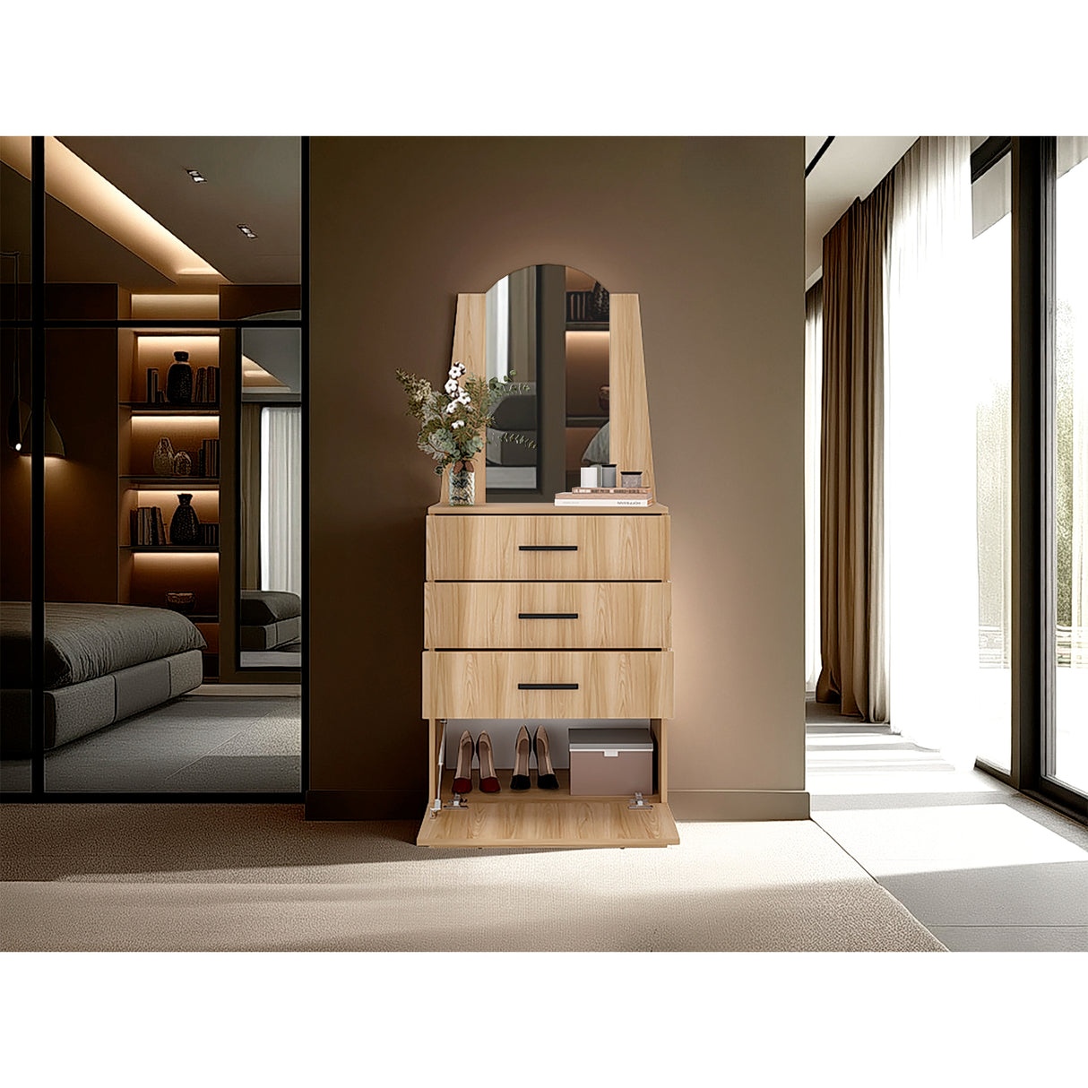 Cómoda Praga Fresno 63x151cm de Cuatro Hileras con Tres Cajones con Espacio para Tv y con Espejo - CAJONERAS Y COMODAS | Bylmo