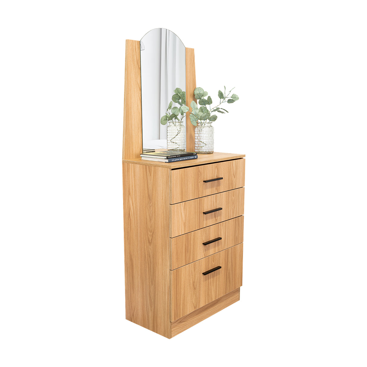 Cómoda Praga Fresno 63x151cm de Cuatro Hileras con Tres Cajones con Espacio para Tv y con Espejo - CAJONERAS Y COMODAS | Bylmo