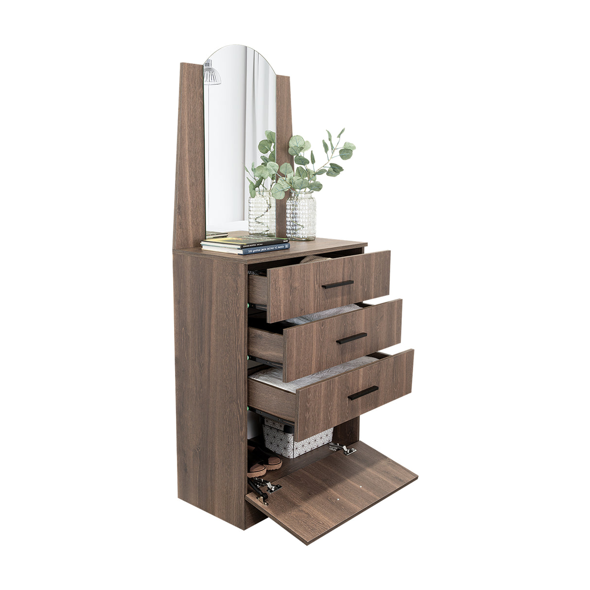 Cómoda Praga Milan 63x151cm de Cuatro Hileras con Tres Cajones con Espacio para Tv y con Espejo - CAJONERAS Y COMODAS | Bylmo