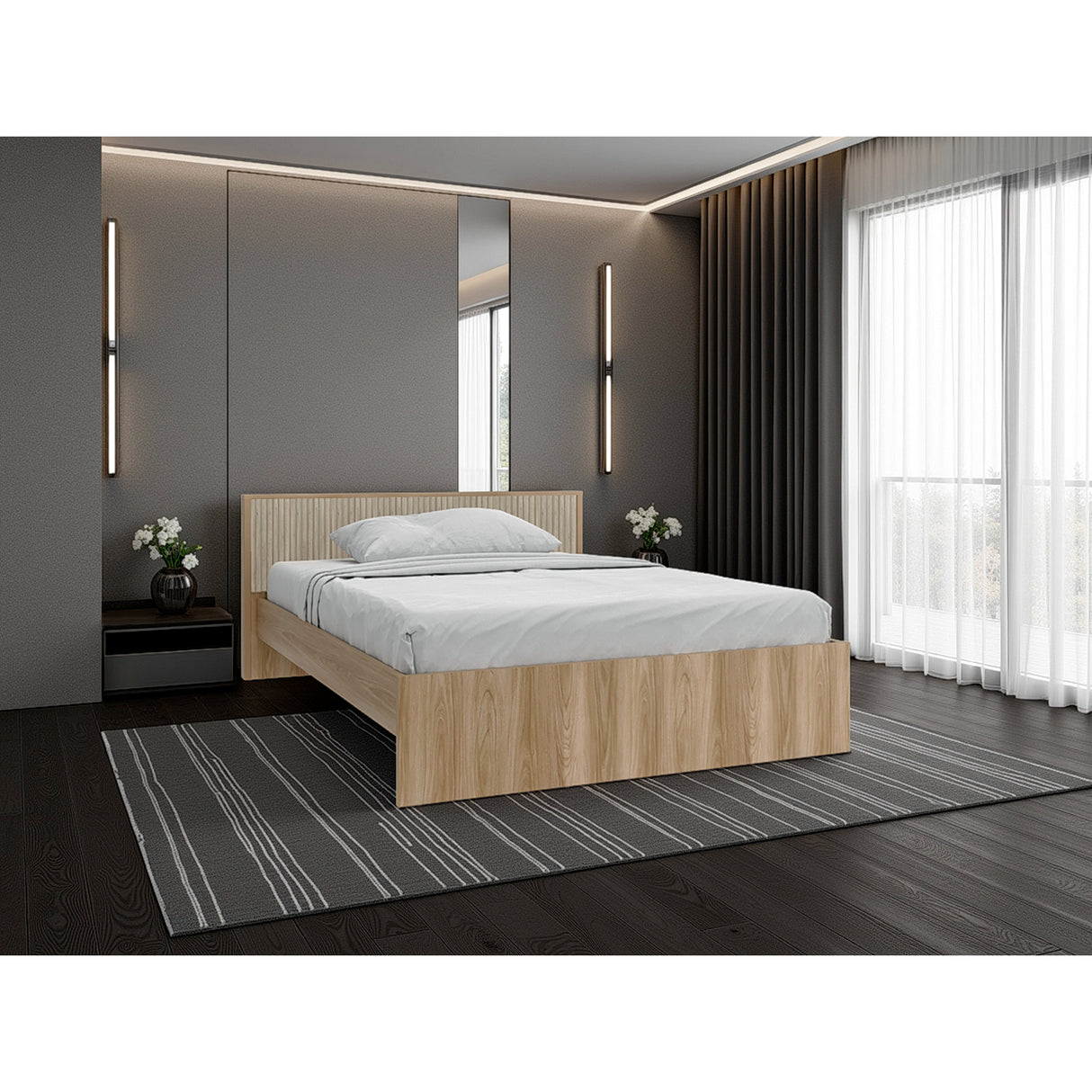 Base Cama Wanda Fresno Europeo y Roble Natural 156.2x77.4cm para Colchón Doble 140 X 190 Cm y con Cabecero - CAMAS | Bylmo