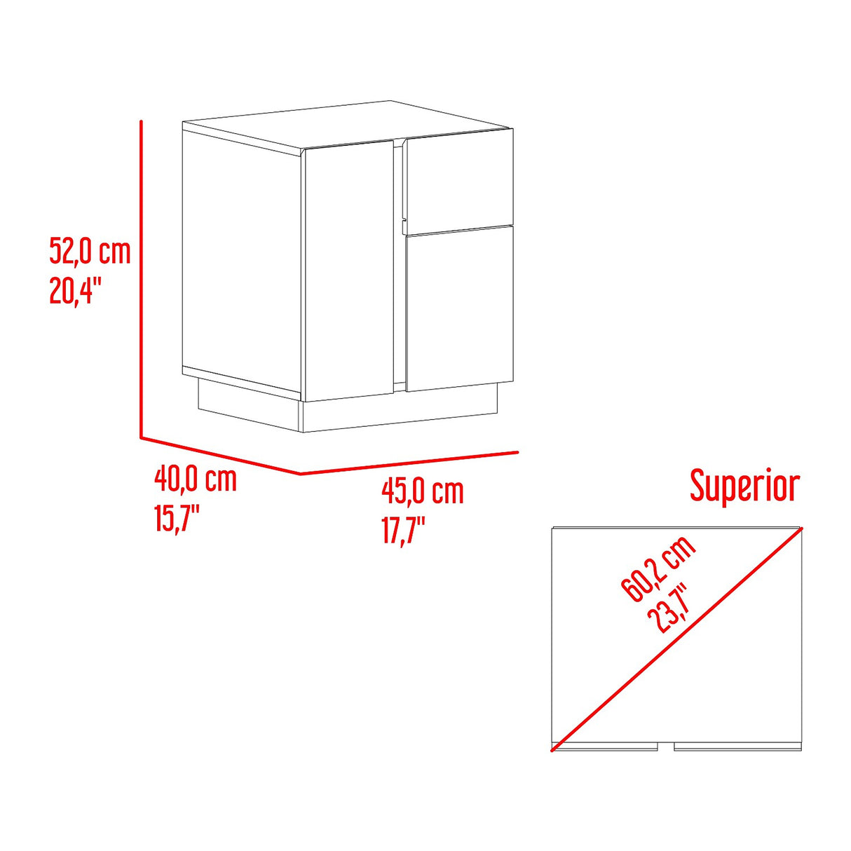 Mesa de Noche Carmi Fresno Europeo y Blanco 45x52cm con Un Cajón y con Tres Compartimientos - MESAS DE NOCHE | Bylmo