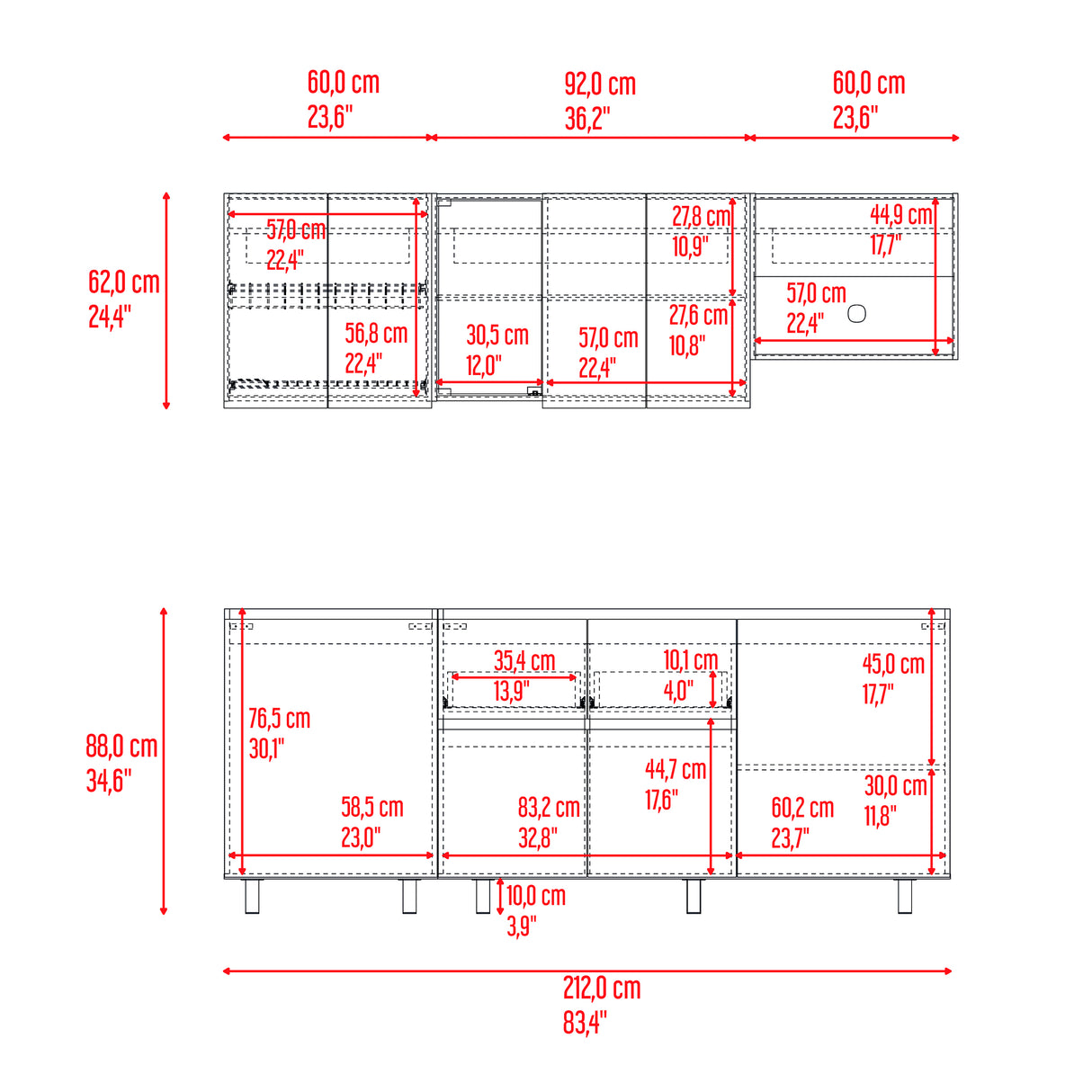 Cocina Amantia Fresno Europeo y Plomo 212x62cm sin Meson sin Estufa y con Espacio para Microondas - COCINAS | Bylmo