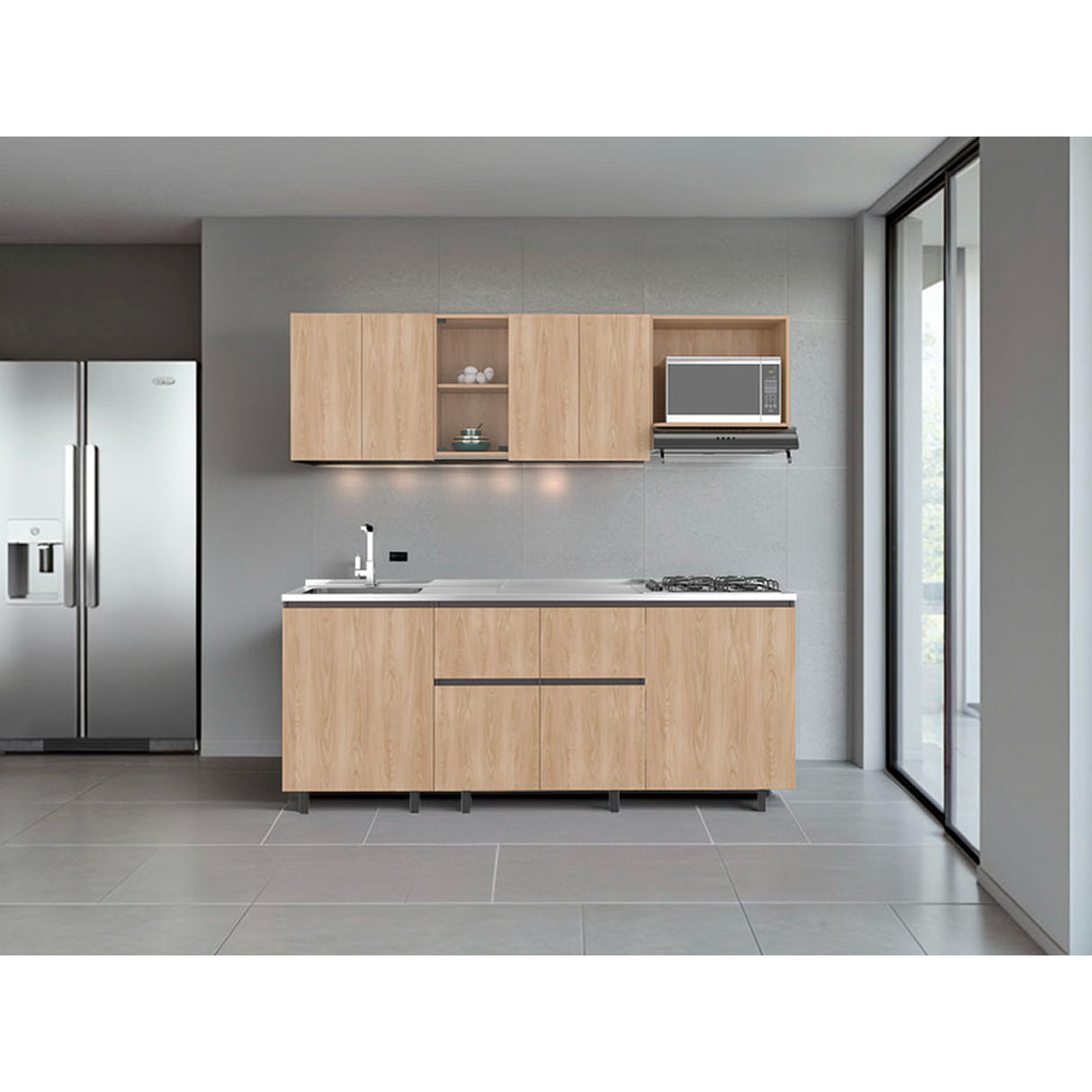 Cocina Amantia Fresno Europeo y Plomo 212x62cm sin Meson sin Estufa y con Espacio para Microondas - COCINAS | Bylmo