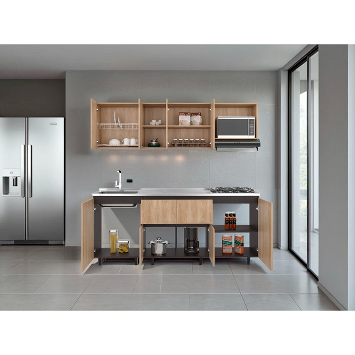 Cocina Amantia Fresno Europeo y Plomo 212x62cm sin Meson sin Estufa y con Espacio para Microondas - COCINAS | Bylmo