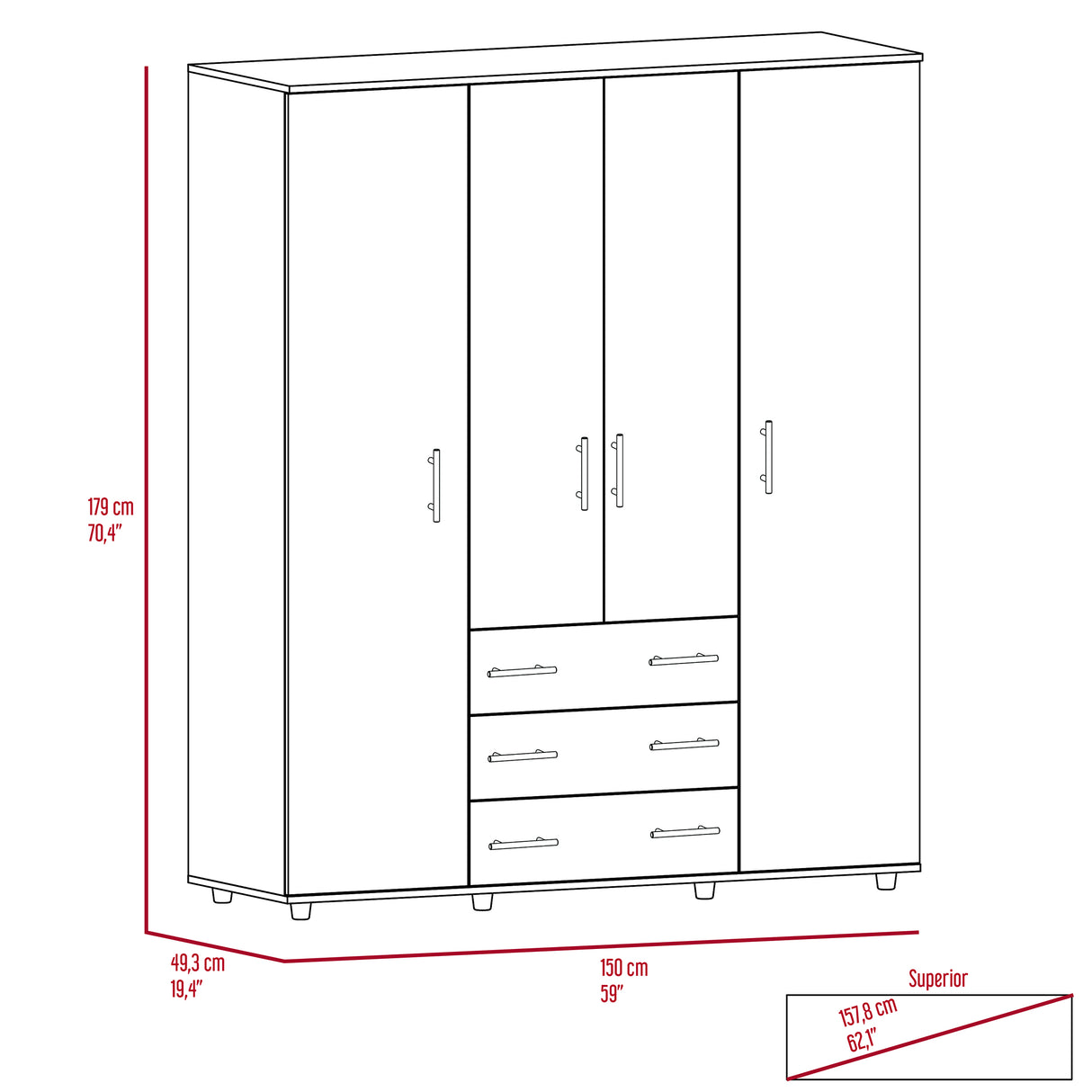 Closet Fontan Fresno Europeo 150x179cm con Cuatro Puertas y con Cuatro Cajones - CLOSETS | Bylmo