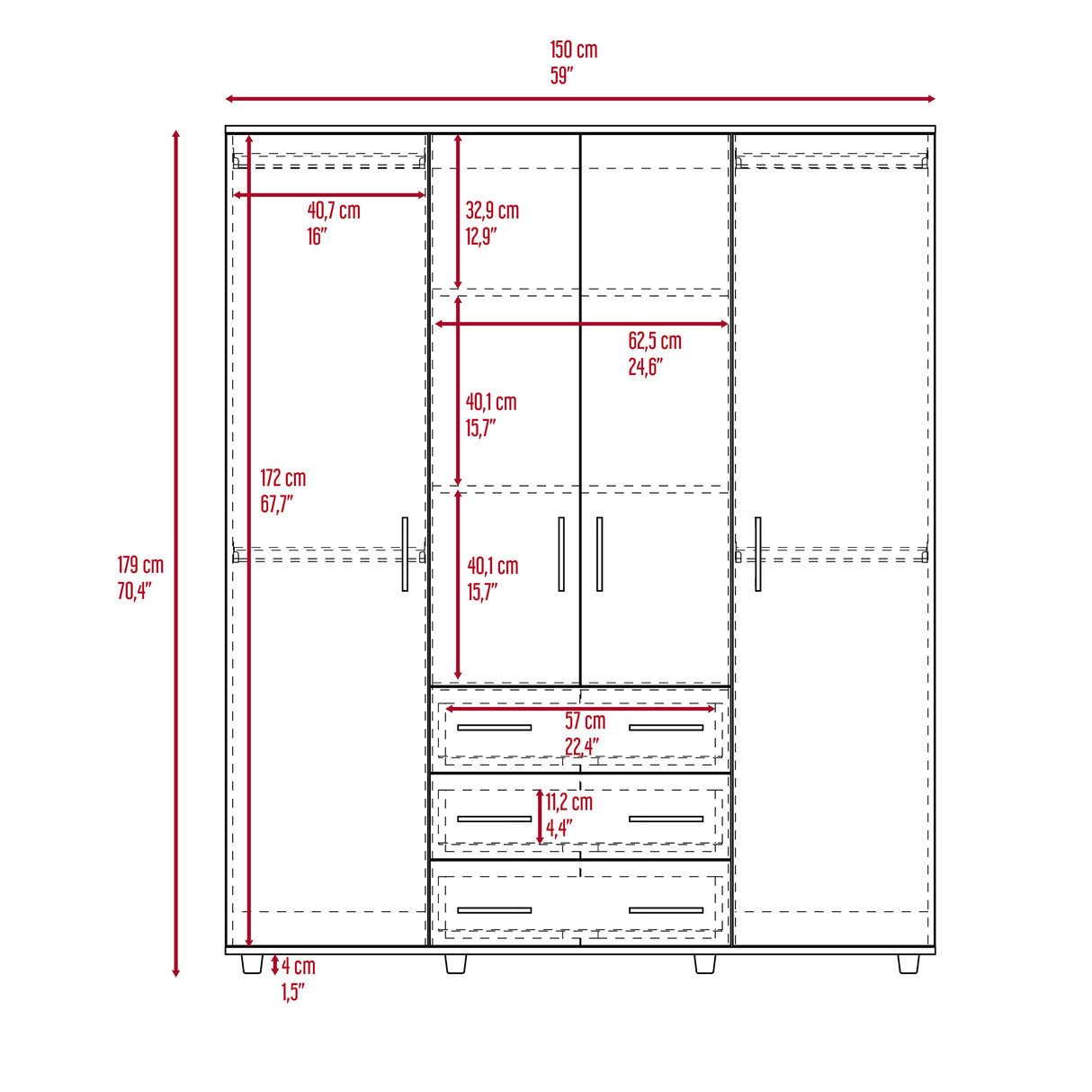 Closet Fontan Fresno Europeo 150x179cm con Cuatro Puertas y con Cuatro Cajones - CLOSETS | Bylmo