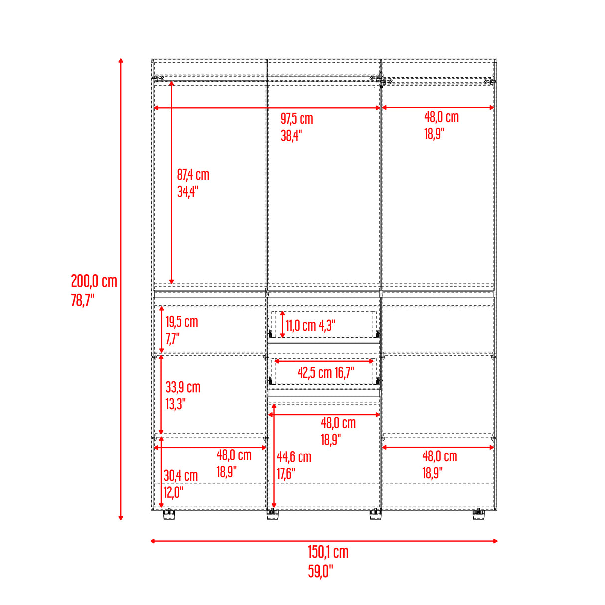 Closet Siruela Eco Bardolino y Blanco 150x200cm con Cinco Puertas y con Cinco Cajones - CLOSETS | Bylmo