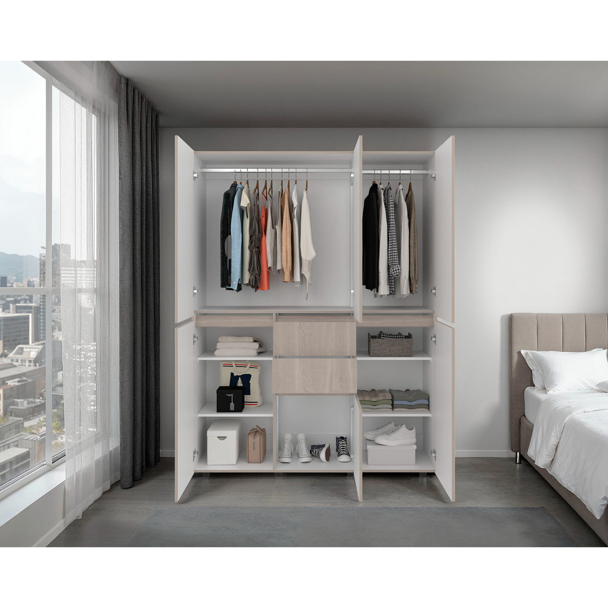 Closet Siruela Eco Bardolino y Blanco 150x200cm con Cinco Puertas y con Cinco Cajones - CLOSETS | Bylmo