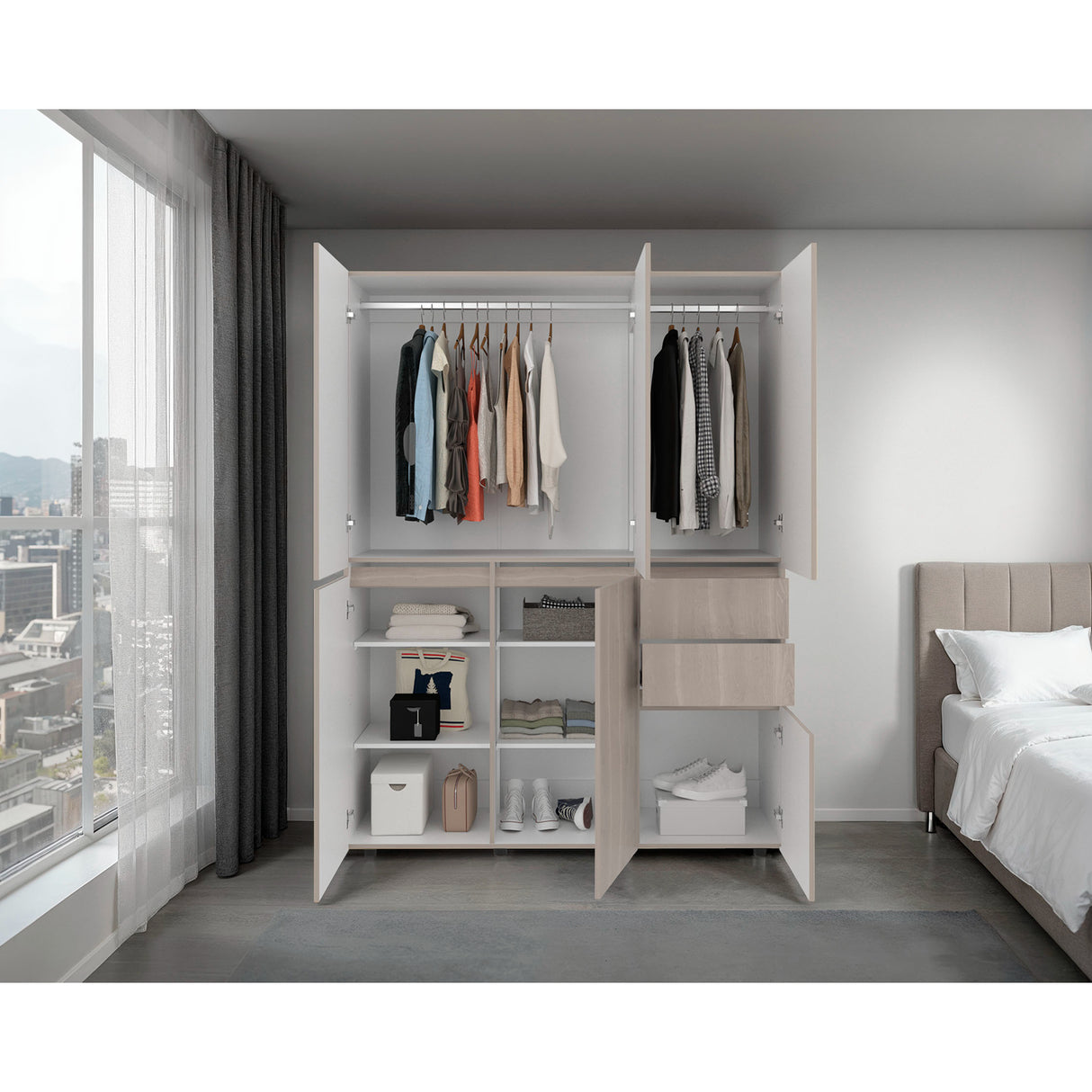 Closet Siruela Eco Bardolino y Blanco 150x200cm con Cinco Puertas y con Cinco Cajones - CLOSETS | Bylmo