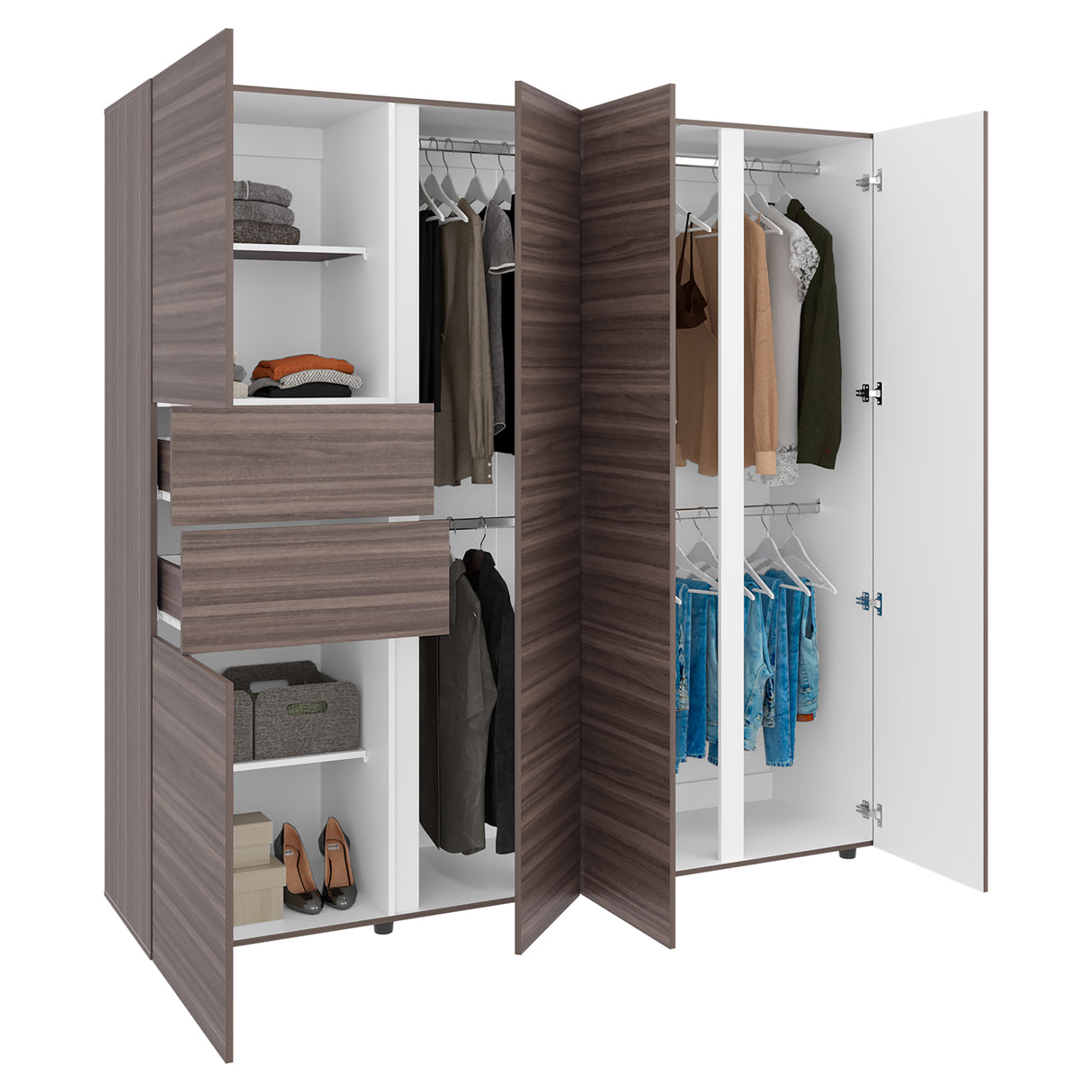 Closet Antalya Avellana y Blanco 200x200cm con Cinco Puertas y con Diez Compartimientos - CLOSETS | Bylmo