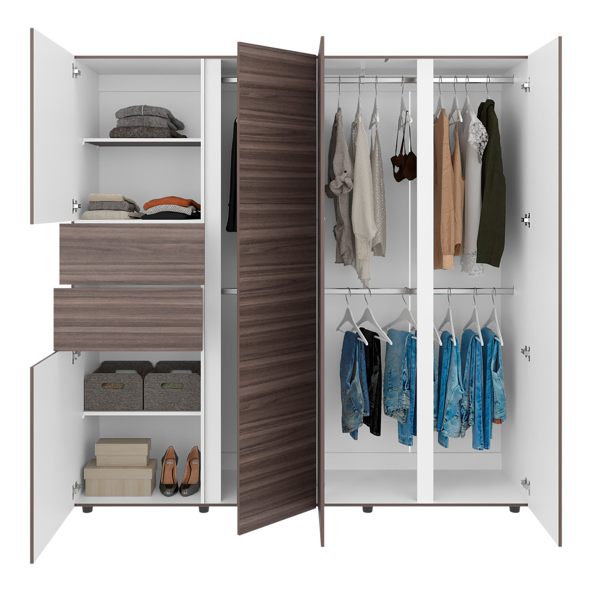 Closet Antalya Avellana y Blanco 200x200cm con Cinco Puertas y con Diez Compartimientos - CLOSETS | Bylmo