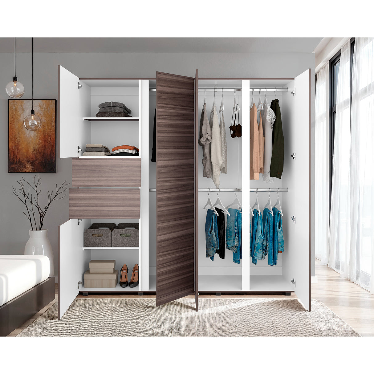 Closet Antalya Avellana y Blanco 200x200cm con Cinco Puertas y con Diez Compartimientos - CLOSETS | Bylmo