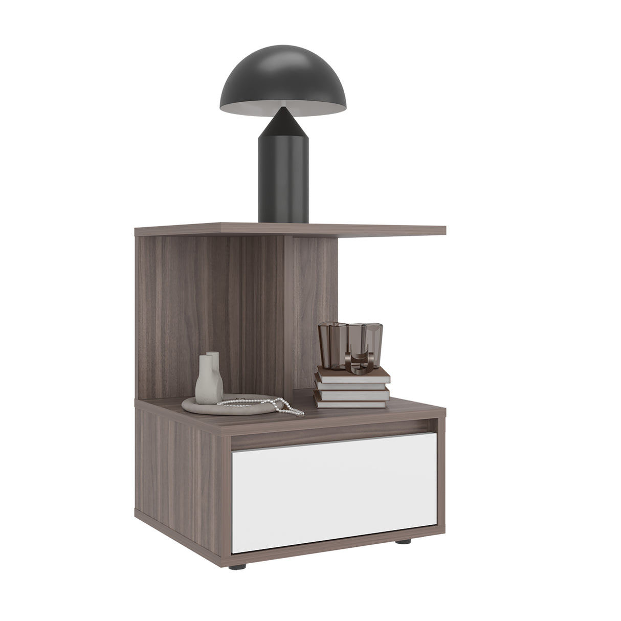 Mesa de Noche Miki Avellana y Blanco 40x51.6cm con Un Cajón y Con Tres Compartimientos - MESAS DE NOCHE | Bylmo