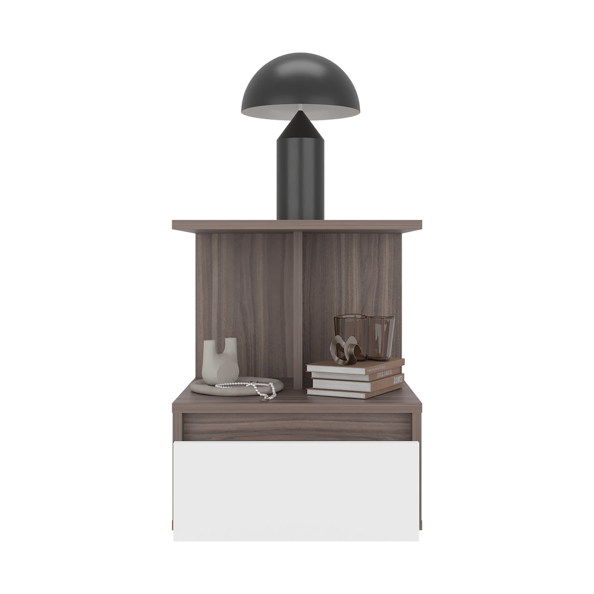 Mesa de Noche Miki Avellana y Blanco 40x51.6cm con Un Cajón y Con Tres Compartimientos - MESAS DE NOCHE | Bylmo