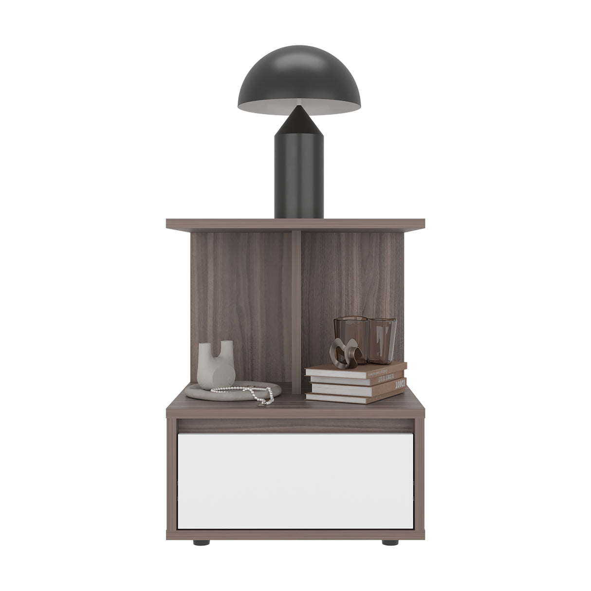 Mesa de Noche Miki Avellana y Blanco 40x51.6cm con Un Cajón y Con Tres Compartimientos - MESAS DE NOCHE | Bylmo